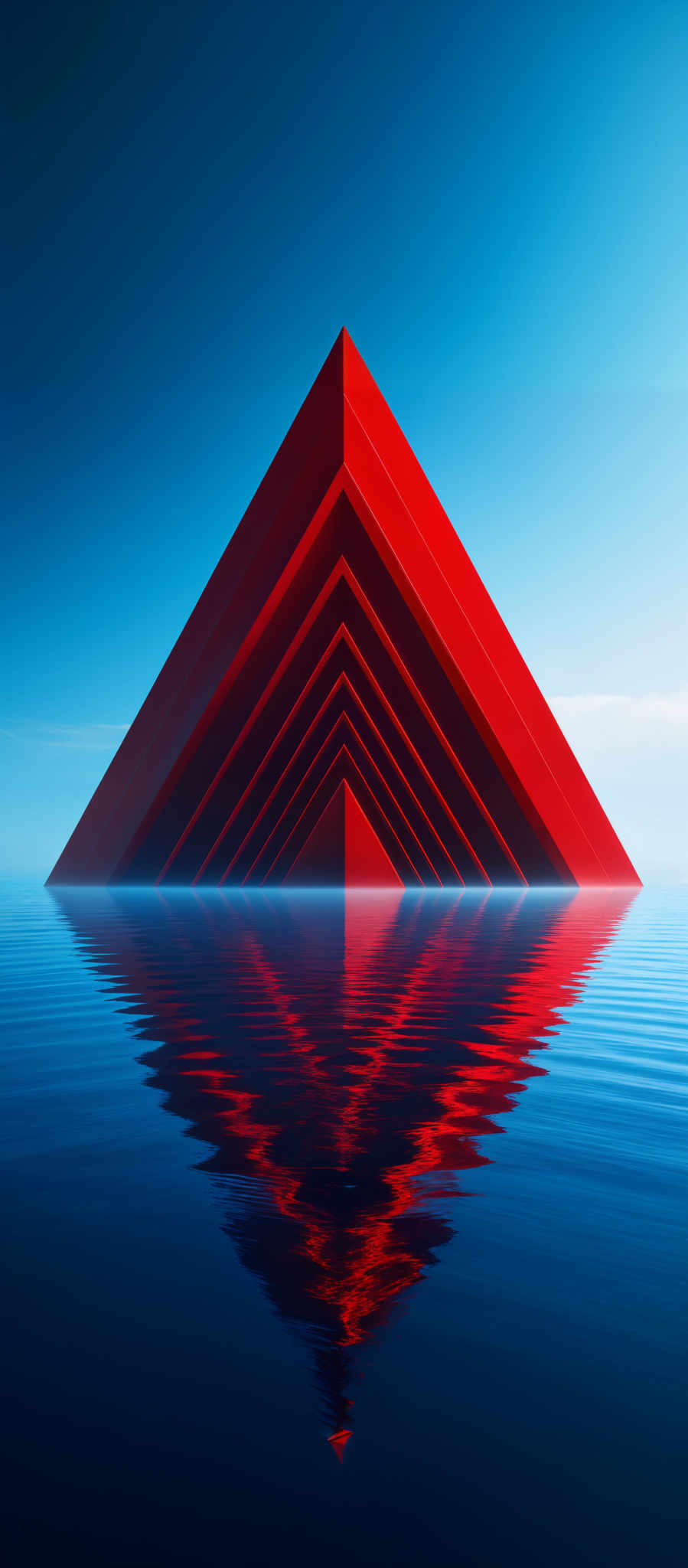 The image showcases a vibrant and captivating scene. Dominating the center is a large, pyramid-shaped structure with a deep red hue. This pyramidal structure is submerged in calm waters, creating a mirror reflection on the surface below. The sky above is a gradient of deep blue, transitioning to a lighter shade near the horizon. The reflection of the pyramide in the water adds depth and symmetry to the image, creating an almost surreal and dreamlike atmosphere.