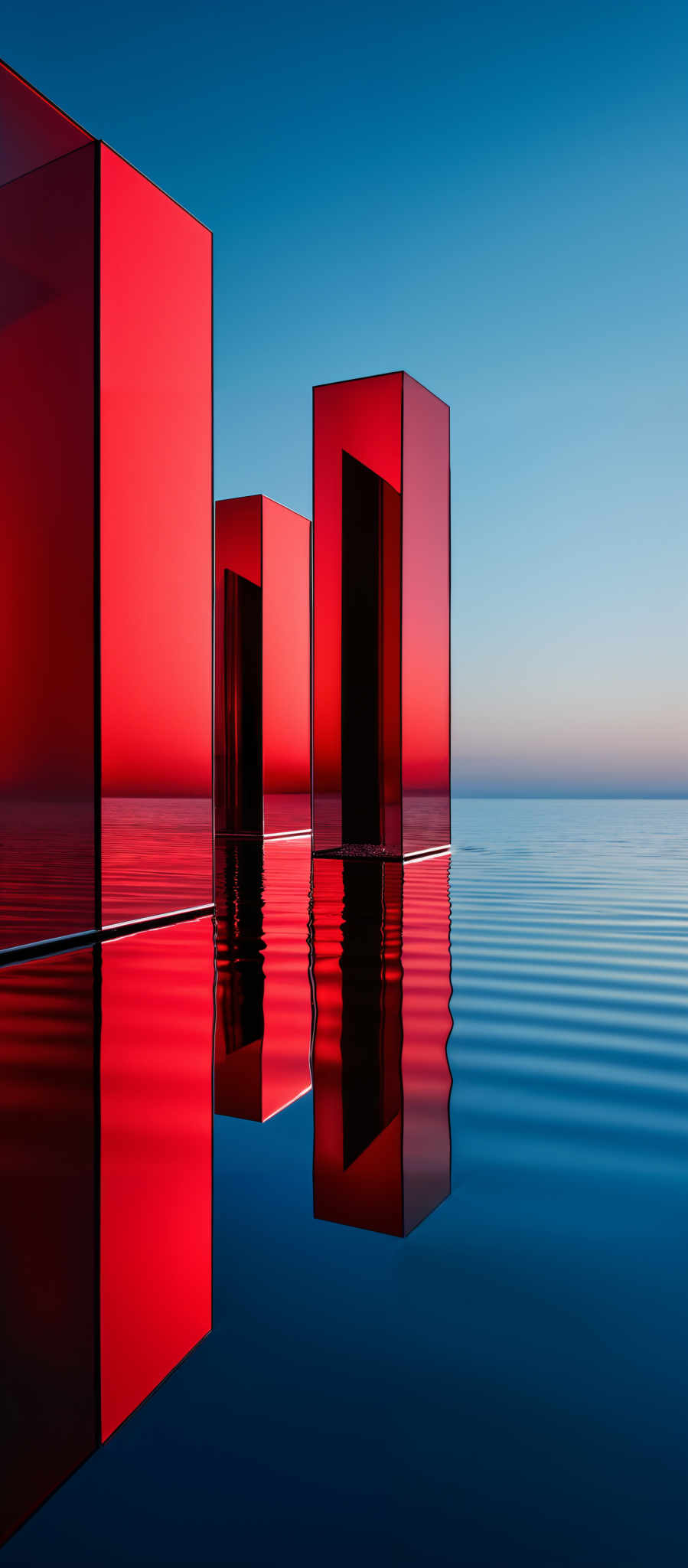 The image showcases three tall, rectangular, transparent cubes standing in water. The cubes are illuminated from within, casting a vibrant red glow. The reflection of these cubes on the water's surface creates a mirrored image, adding depth and symmetry to the composition. The background reveals a serene horizon where the sky meets the calm waters, suggesting a tranquil setting, possibly during sunset or sunrise.