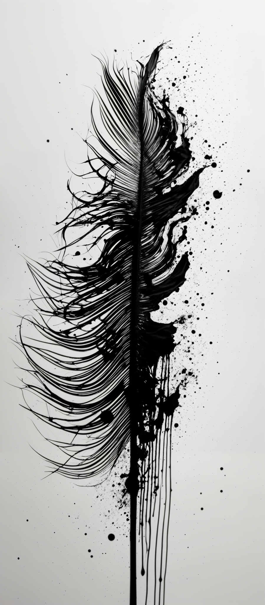 The image showcases a feather-like structure made of what appears to be ink or paint. The feather is predominantly black with intricate details of lines and strands. Surrounding the feather are splatters and droplets of the same black substance, creating a dynamic and artistic effect. The background is white, which contrasts sharply with the black feather, making it stand out prominently.