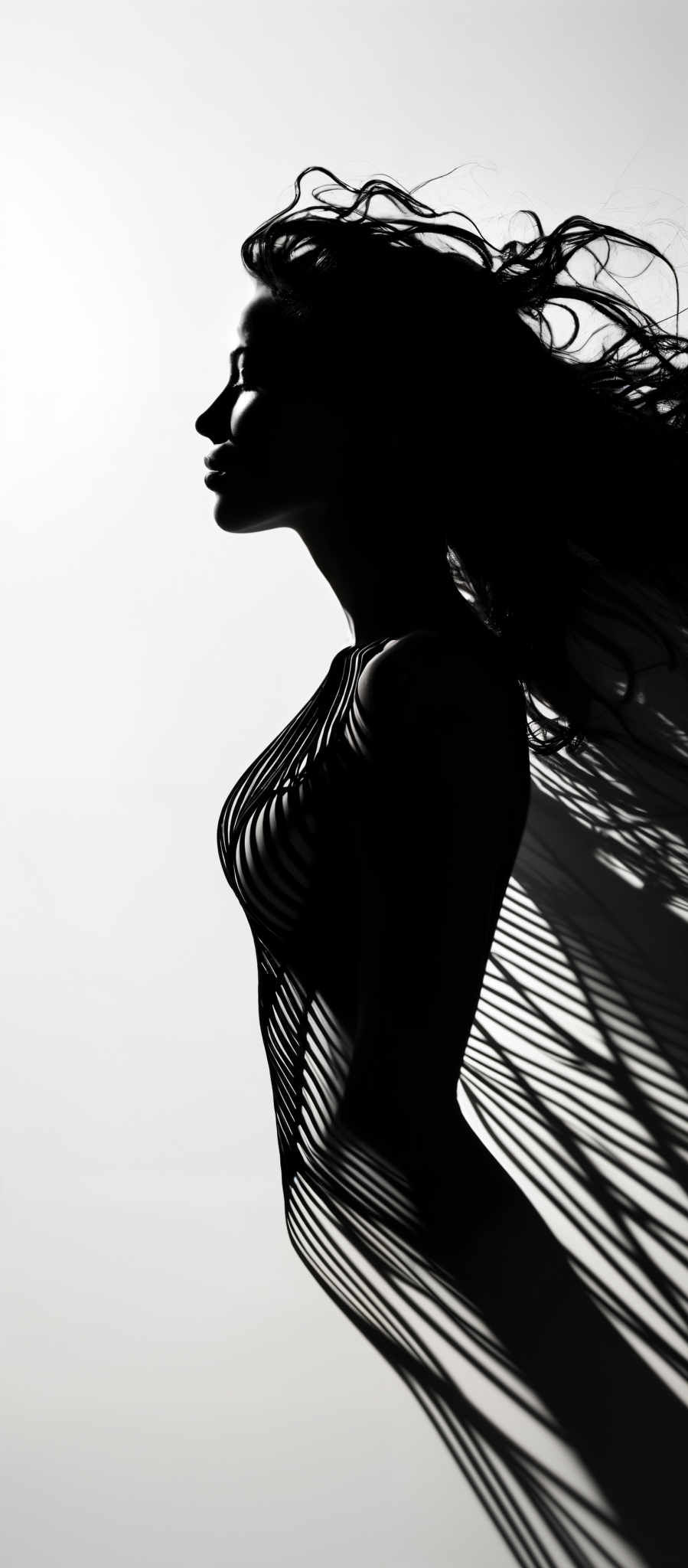 The image is predominantly in black and white. It showcases a side profile of a woman with flowing hair. The woman's hair appears to be caught in motion, creating a dynamic and dramatic effect. The lighting casts intricate patterns on her face and body, emphasizing her facial features and the contours of her form. The patterns resemble a combination of lines and waves, creating an abstract and artistic representation.