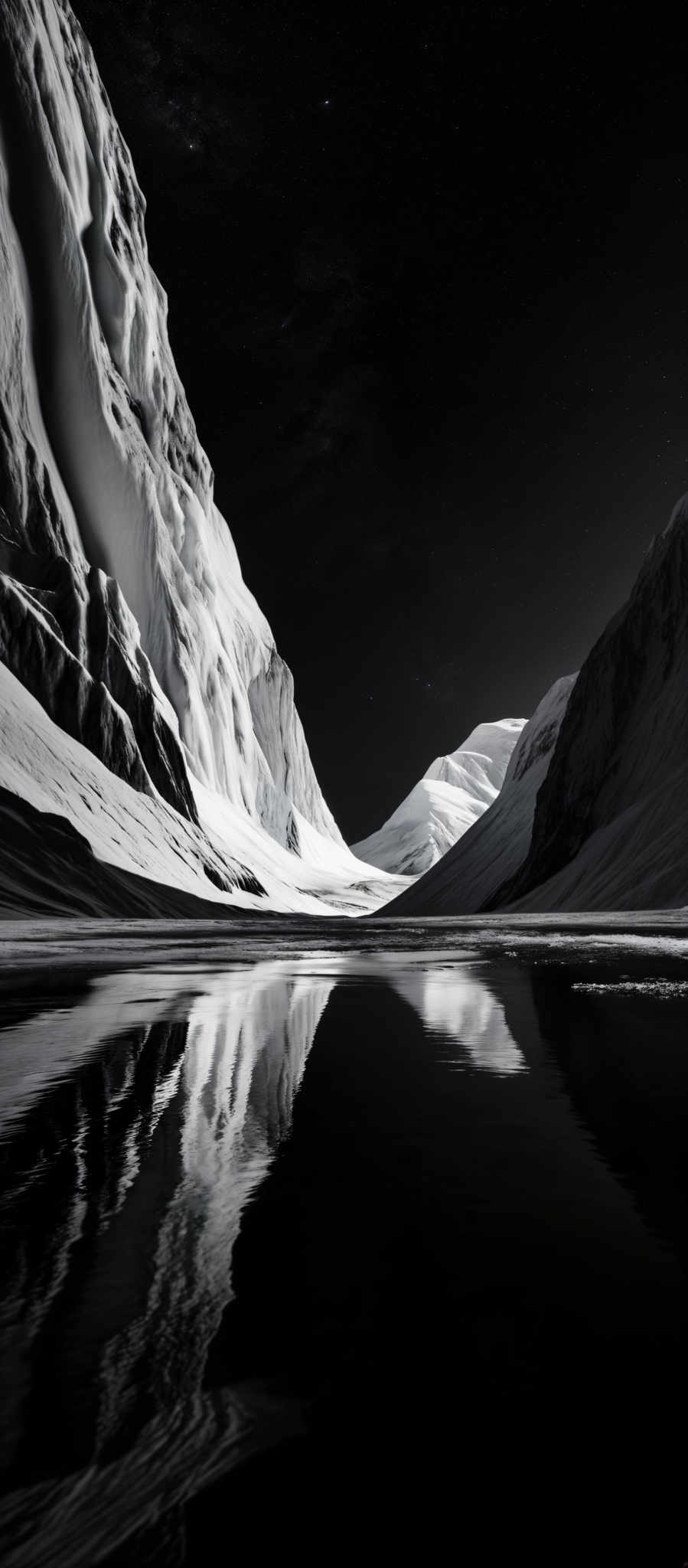 The image showcases a breathtaking landscape dominated by towering, jagged mountains that appear to be made of ice or snow. The mountains are illuminated by a soft light, highlighting their intricate textures and contours. The scene is set against a starry night sky, with the Milky Way faintly visible. In the foreground, there's a calm body of water that perfectly reflects the mountains and the night sky. The overall color palette is monochromatic, with shades of white, black, and gray dominating the scene.