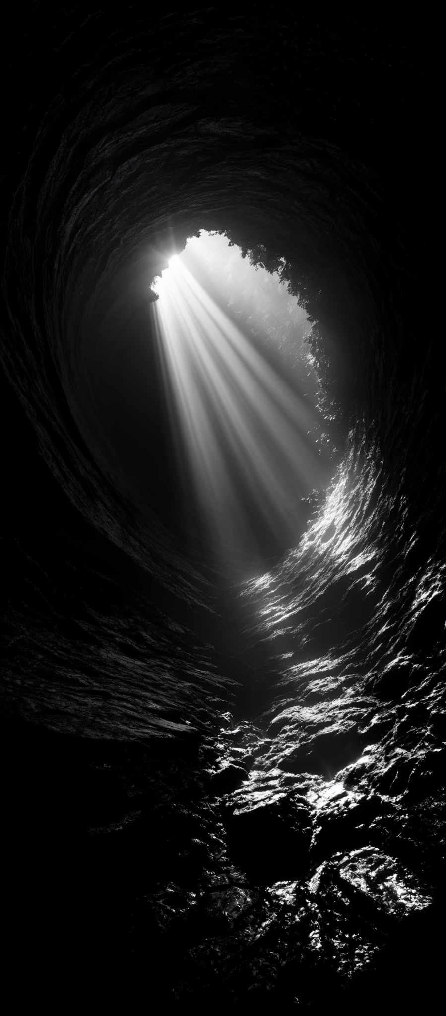 The image predominantly features shades of black and white, creating a monochromatic palette. The shape is circular, resembling a tunnel or cavernous opening. Rays of light pierce through the opening, casting intricate patterns on the surrounding rocky texture. The light creates a stark contrast with the darker, rugged surface, highlighting the texture and depth of the cave or tunnel.