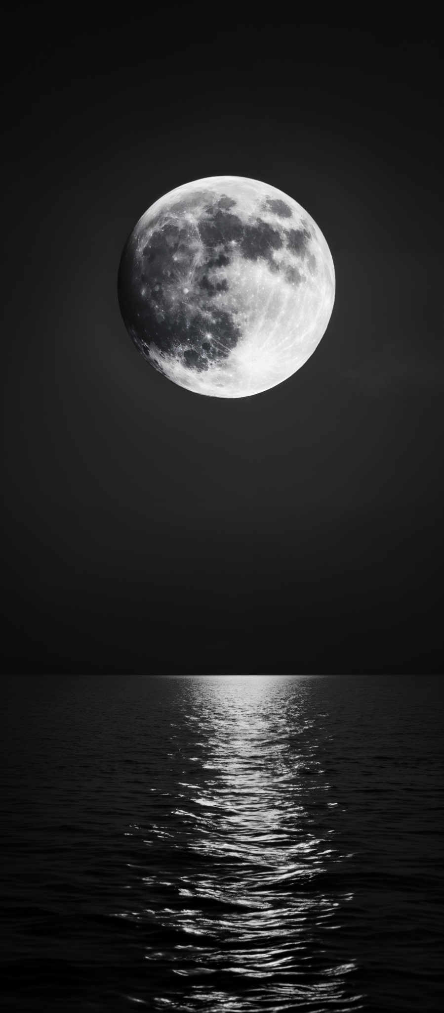 The image showcases a monochromatic scene with a dominant dark hue. The central focus is a large, luminous moon that appears almost full, displaying intricate details of its craters and surface. The moon casts a bright reflection on the calm waters below, creating a shimmering pathway of light. The horizon is marked by a subtle gradient of darkness, transitioning from the dark sky above to the lighter waters below.