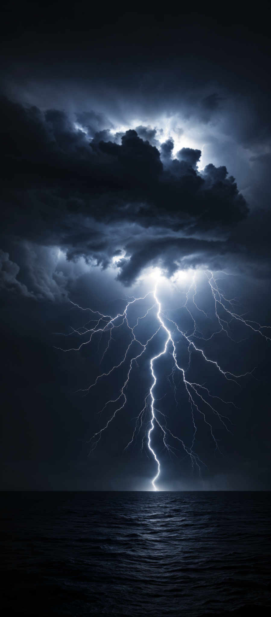 The image showcases a dramatic and intense scene of nature. The dominant colors are deep blues and blacks, representing the stormy atmosphere. The shape is predominantly circular, with dark, ominous clouds surrounding a bright, white lightning bolt that strikes down into the sea. The lightning's branching tendrils spread out, illuminating the dark waters below.