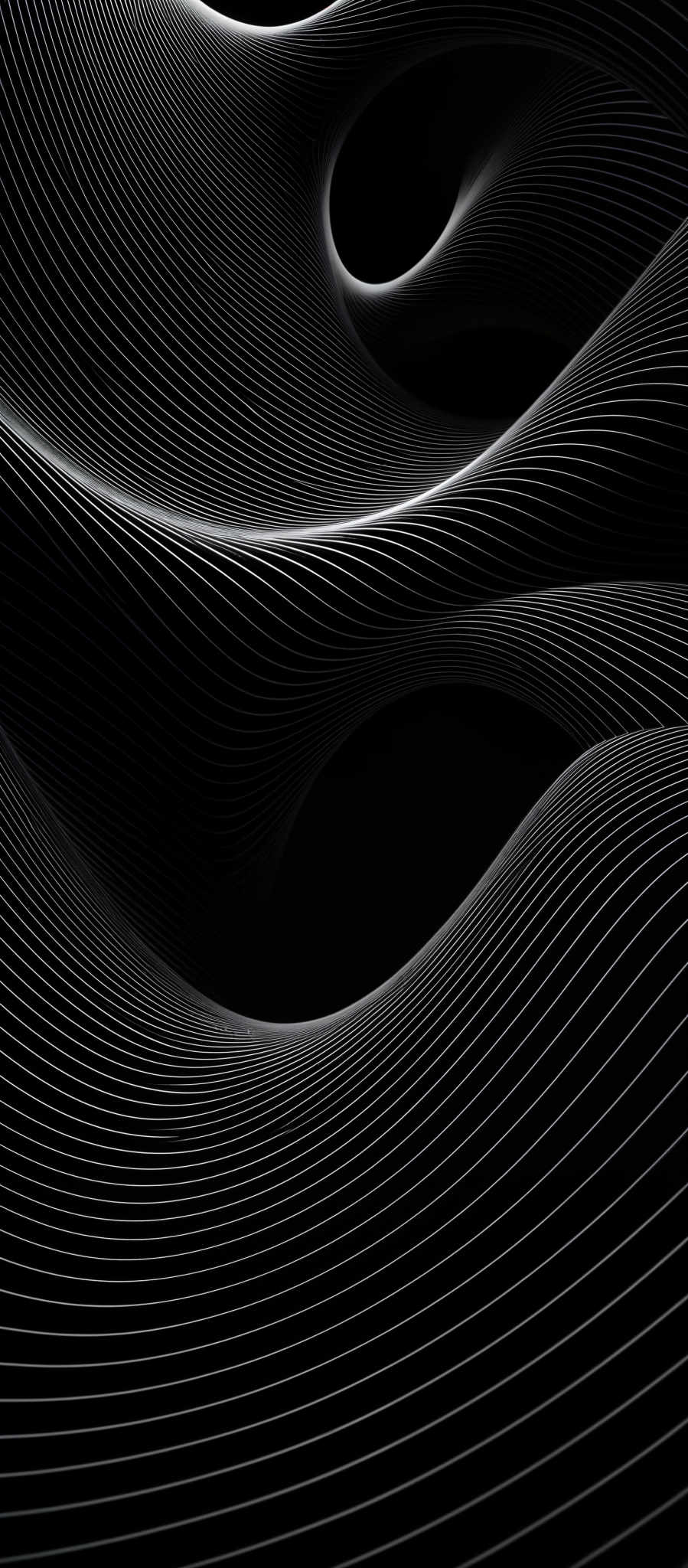 The image showcases a black and white abstract design. It features wavy, undulating lines that create a sense of movement and fluidity. The lines are closely spaced, creating a dense pattern that covers the entirety of the image, giving it a mesmerizing, almost hypnotic effect. The design is symmetrical, with curves and lines intertwining and overlapping in a harmonious manner.