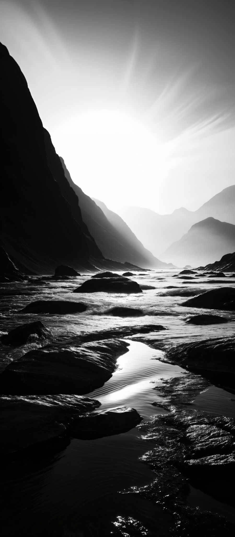 The image is in black and white, showcasing a dramatic landscape. The dominant shapes are rugged mountains and a serpentine river or stream. The mountains are dark, with sharp, jagged edges, and they appear to be rising from the water's edge. The water reflects the light from the sky, creating a shimmering effect. The sky is filled with streaks of light, possibly from the sun, which adds a dynamic and ethereal quality to the scene.