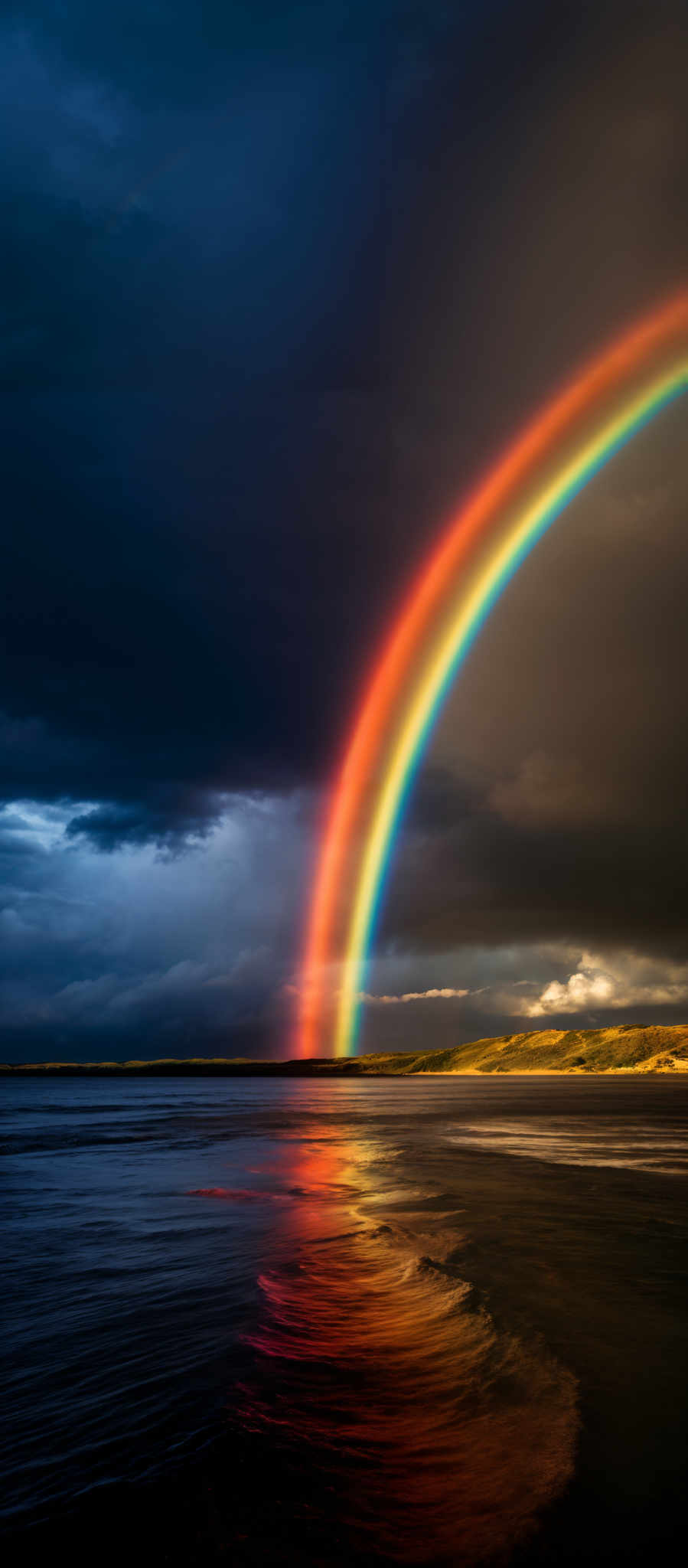 The image showcases a vibrant rainbow that arcs across a dark, stormy sky. The colors of the rainbow transition from a deep red at the outer edge to a bright yellow at the center, followed by green, blue, and violet. The arc of the colorful spectrum is reflected in the calm waters below, creating a mesmerizing contrast between the turbulent sky and the serene water. In the distance, there's a hint of land with what appears to be a sandy shoreline and some vegetation.