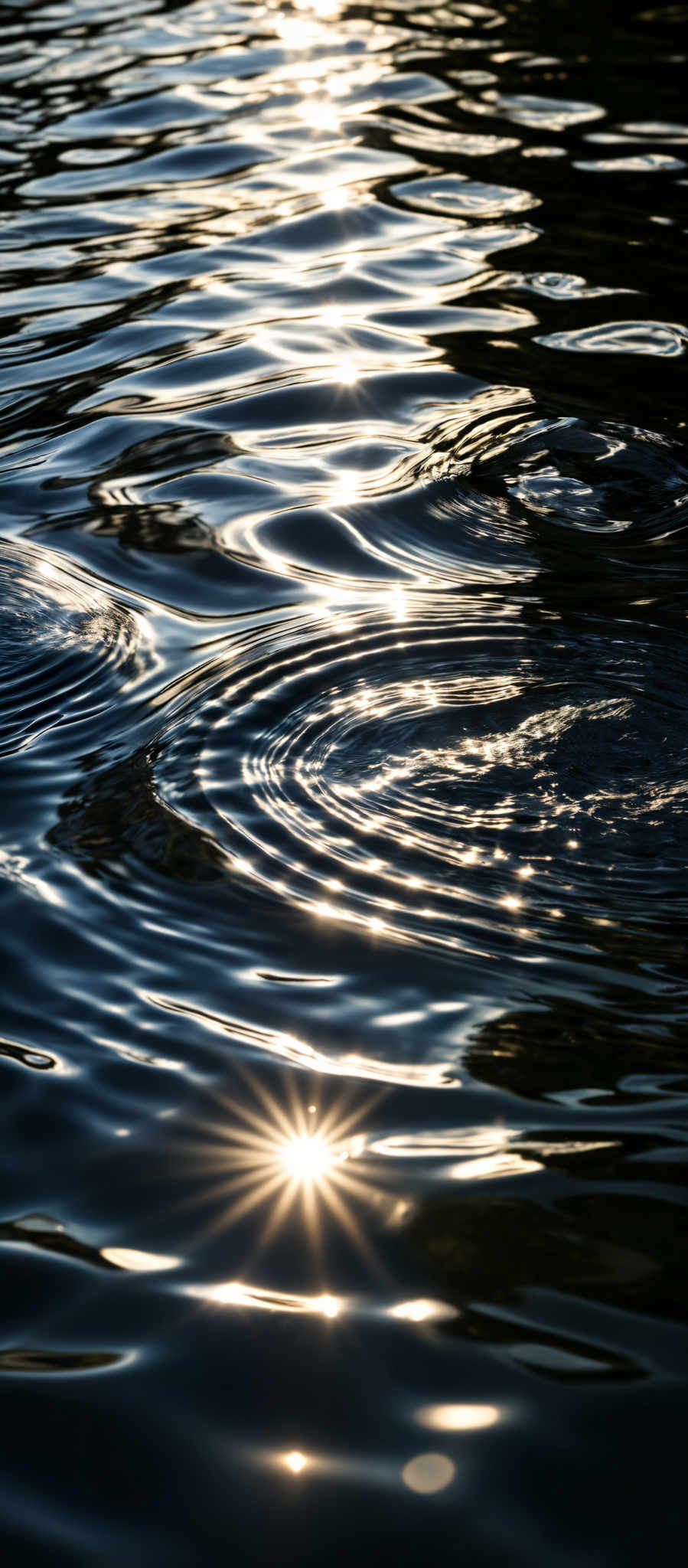 The image showcases a close-up view of water, possibly a lake or a calm river. The water reflects the sunlight, creating a shimmering effect. The sunlight creates a radiant starburst effect, with its rays piercing through the water's surface. The color palette is dominated by deep blues and blacks, interspersed with the bright whites and golden hues of the sun's reflection. The ripples on the water surface create concentric circles, adding depth and movement to the scene.