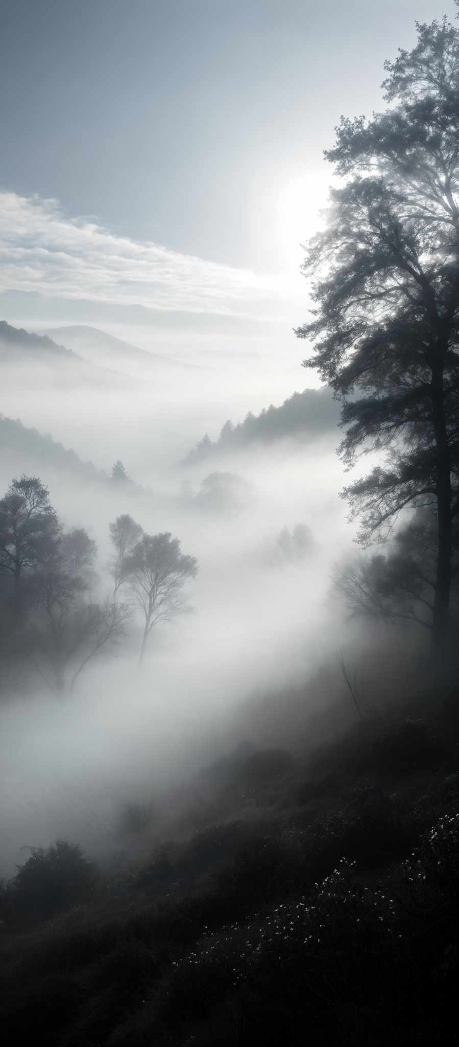 The image showcases a serene landscape dominated by cool tones. The sky is painted in shades of blue and white, with the sun peeking through the clouds, casting a soft glow. The landscape below is blanketed in a thick layer of mist, creating a dreamy atmosphere. Silhouettes of trees, both tall and short, stand prominently against the mist, their branches reaching out in various directions. The foreground features a rugged terrain with patches of grass and small plants, adding depth to the scene.