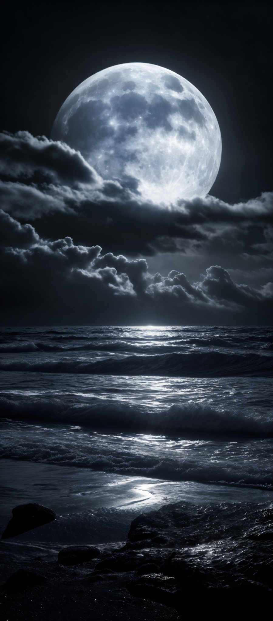 The image showcases a dramatic nighttime scene at a beach. Dominating the sky is a large, luminous moon, which appears almost full and is rendered in shades of blue and white, reflecting the clouds around it. The moon casts a silvery light on the dark, turbulent sea below, with waves crashing onto the shore. The beach itself is rocky and rugged, with some dark, wet rocks visible. The sky is filled with dark, billowing clouds, adding to the overall moody atmosphere of the scene.