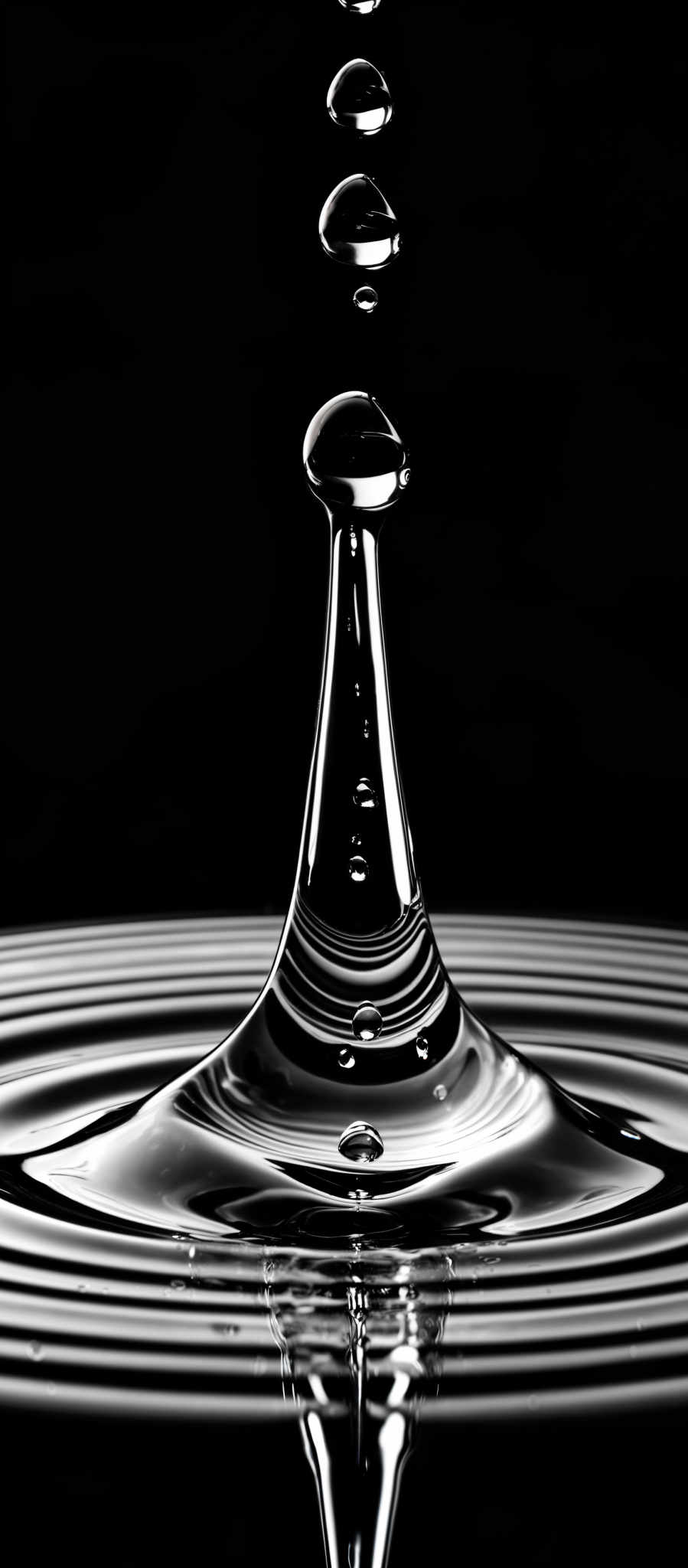 The image showcases a monochromatic palette, predominantly in shades of black and white. The primary focus is on a water droplet that has just impacted the surface, creating a splash. This splash forms a tall, slender column with smaller droplets suspended at various heights. The column's tip is crowned with a rounded, bulbous shape. The ripples emanating from the base of the splash display a series of concentric circles, reflecting light and adding depth to the scene.