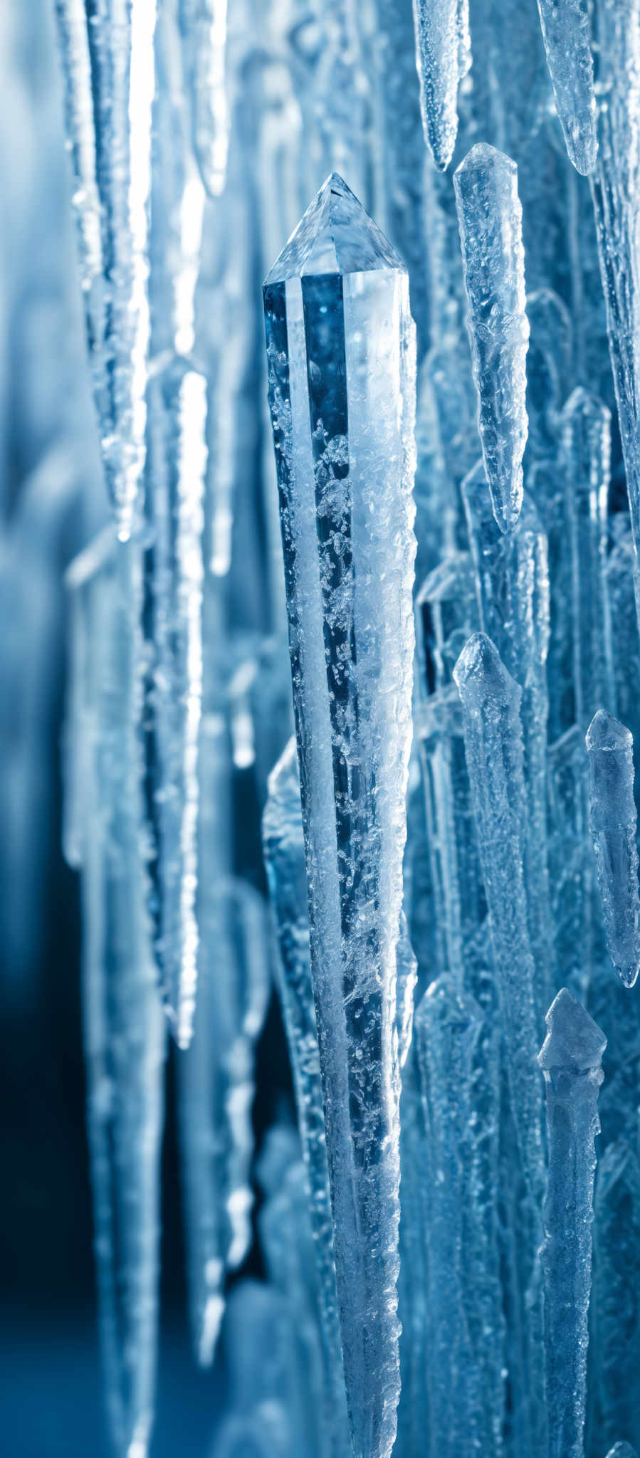 The image showcases a collection of icicles. They are translucent, with a clear blue hue, and have a sharp, elongated shape. The icicles vary in size, with some being tall and slender while others are shorter. They appear to be covered in a layer of frost or snow, giving them a crystalline appearance. The background is blurred, emphasizing the icicles and making them the focal point of the image, while also suggesting a cold, wintry environment.