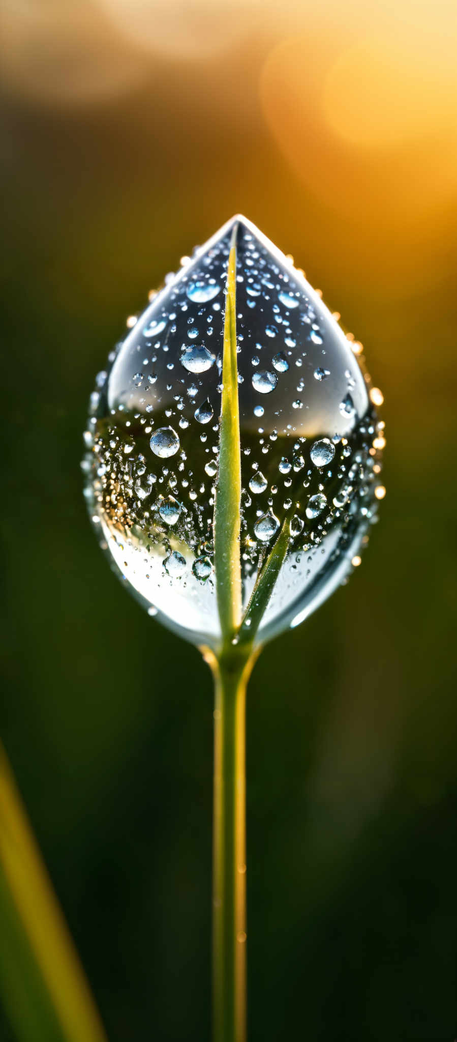 The image showcases a dew-covered droplet, which is shaped like a small, teardrop-like bulb. It is adorned with numerous tiny water droplets on its surface, reflecting the surrounding environment. Within the droplett, a green stem is visible, and through the drops, a glimpse of a green background can be seen, possibly a grassy field or a plant. The background is illuminated with a warm, golden hue, suggesting either a sunrise or sunset.