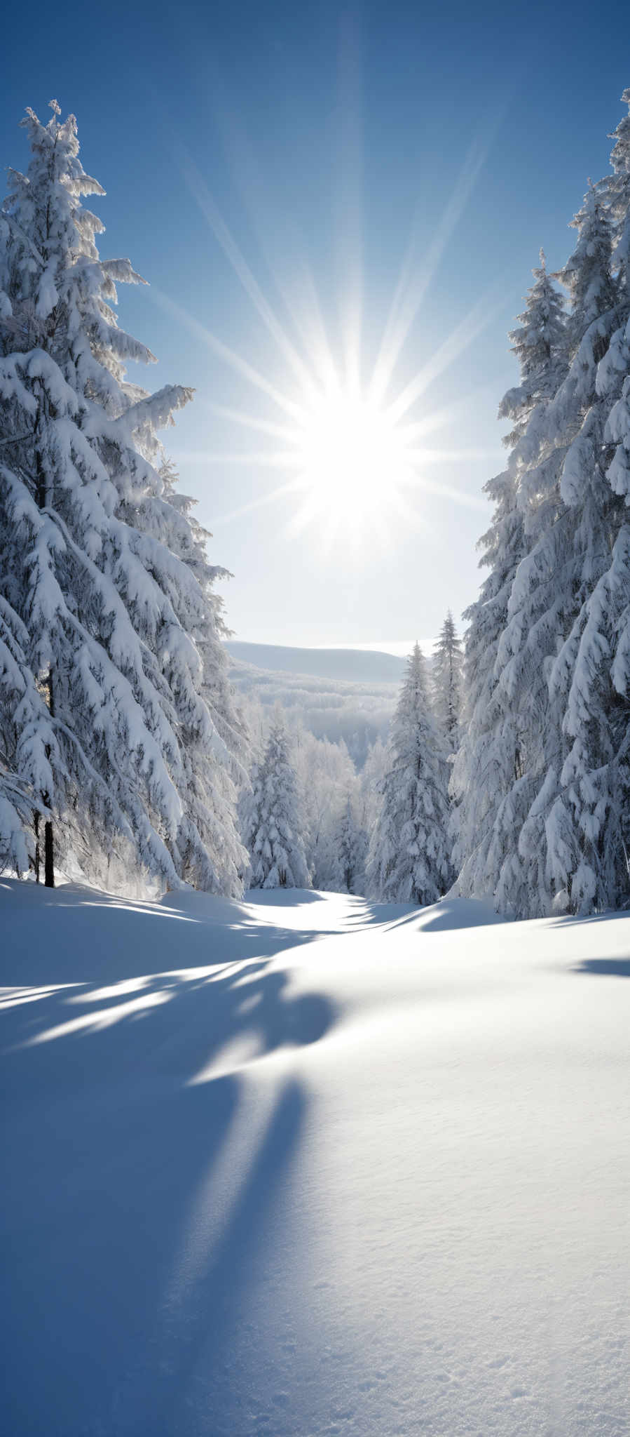 The image showcases a breathtaking winter landscape. Dominating the scene are tall, snow-covered pine trees, their branches laden with a thick layer of snow. The ground is blanketed in pristine white snow, with undulating patterns created by the wind. The sun, positioned high in the sky, radiates beams of light that pierce through the trees, casting long shadows on the snow. Above, the sky is clear and blue, offering a serene backdrop to the winter wonderland below.