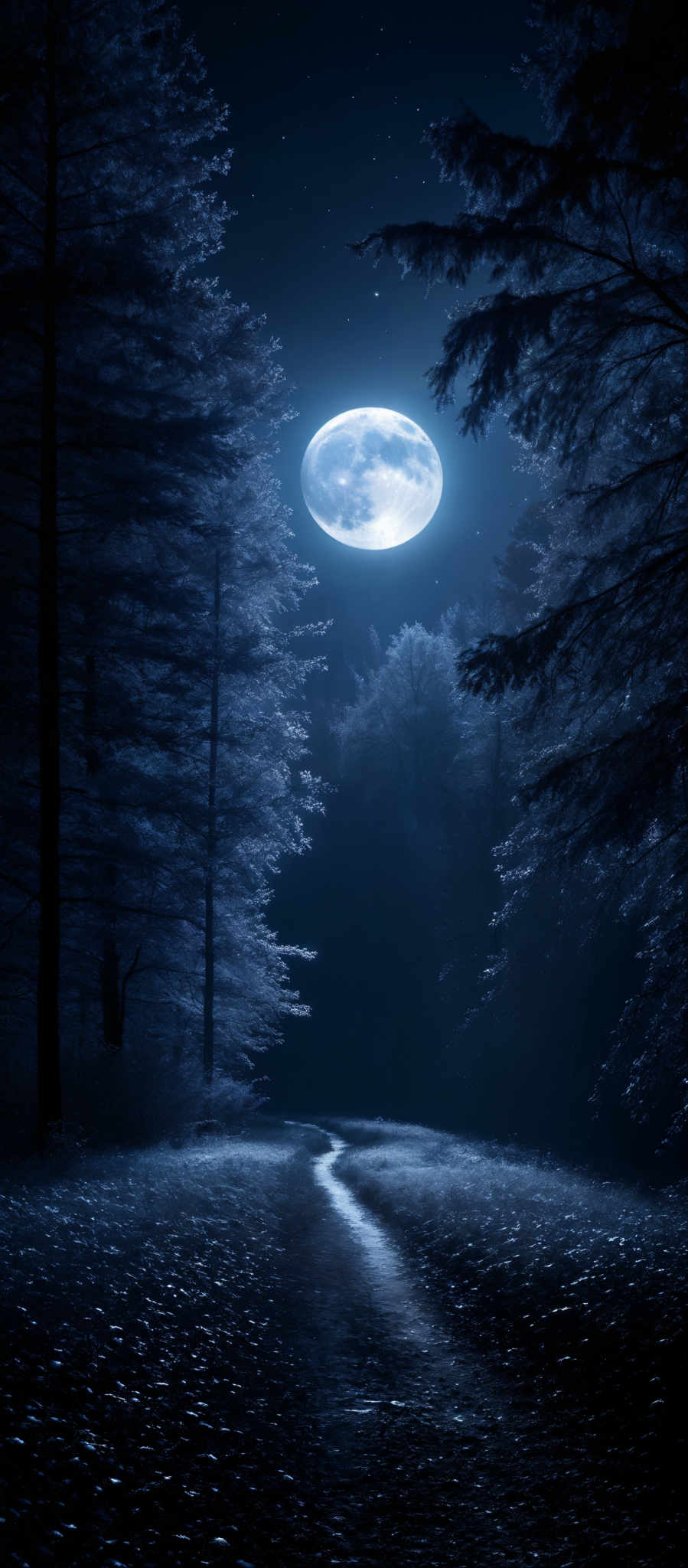 The image predominantly features shades of blue and black. The moon is a bright, round, and luminous white, standing out against the dark backdrop. The trees are tall and slender, with their branches reaching out in various directions. The ground is covered with fallen leaves, and there's a winding path leading into the distance. The sky is filled with stars, adding to the serene and mystical ambiance of the scene.