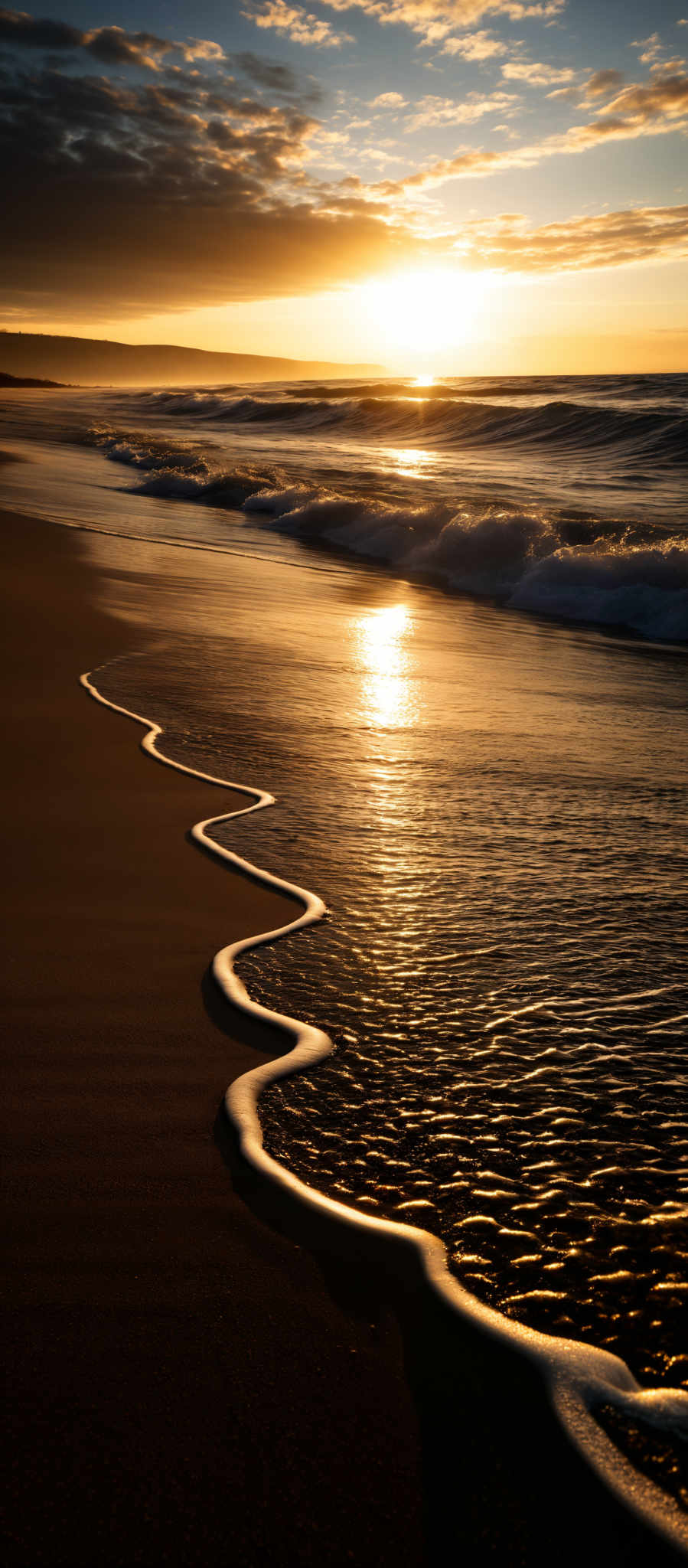 The image showcases a serene beach scene during sunset. The sky is painted with hues of orange, gold, and blue, with the sun casting a warm glow. The sun is positioned near the horizon, casting long shadows on the water. The waves gently crash onto the sandy beach, creating a wavy pattern on the wet sand. The reflection of the sun on the shimmering water adds to the beauty of the scene. The overall mood of the image is tranquil and peaceful.