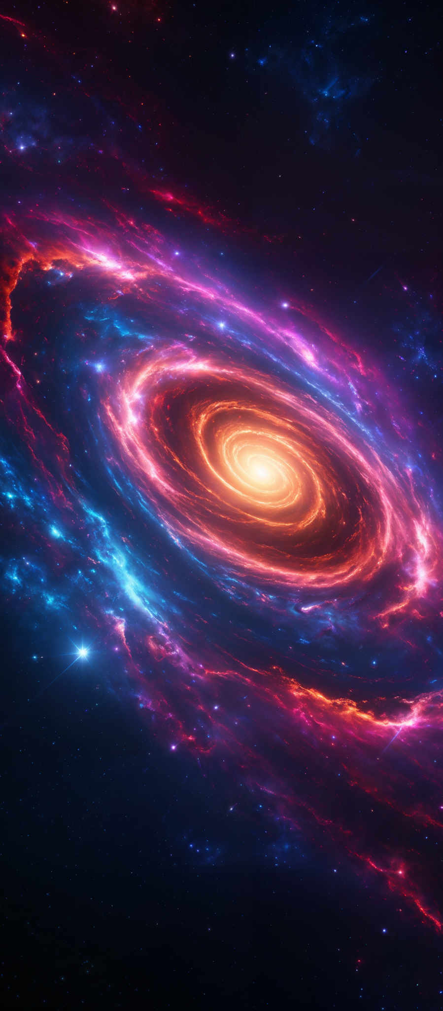 The image showcases a mesmerizing cosmic scene, featuring a spiral galaxy at its center. The galaxy's core is illuminated with a bright, fiery orange-yellow hue, suggesting the presence of a massive star or a supermassive black hole. Surrounding the core, there are swirling arms of blue and pink nebulae, interspersed with bright white stars. These arms appear to be made of gas and dust, which are being illuminates by nearby stars. The background is filled with a deep blue space, dotted with numerous distant stars, giving a sense of the vastness of the universe.