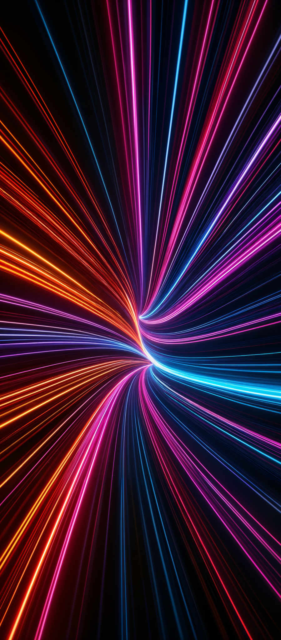 The image showcases a vibrant and dynamic visual of colorful streaks converging towards a central point. The streaks are made up of bright neon colors, including shades of pink, blue, orange, and purple. They appear to be moving at high speed, creating a sense of motion and energy. The shape of the image is reminiscent of a tunnel or a vortex, with the colors radiating outwards from a central focal point, giving an impression of depth and dimension.