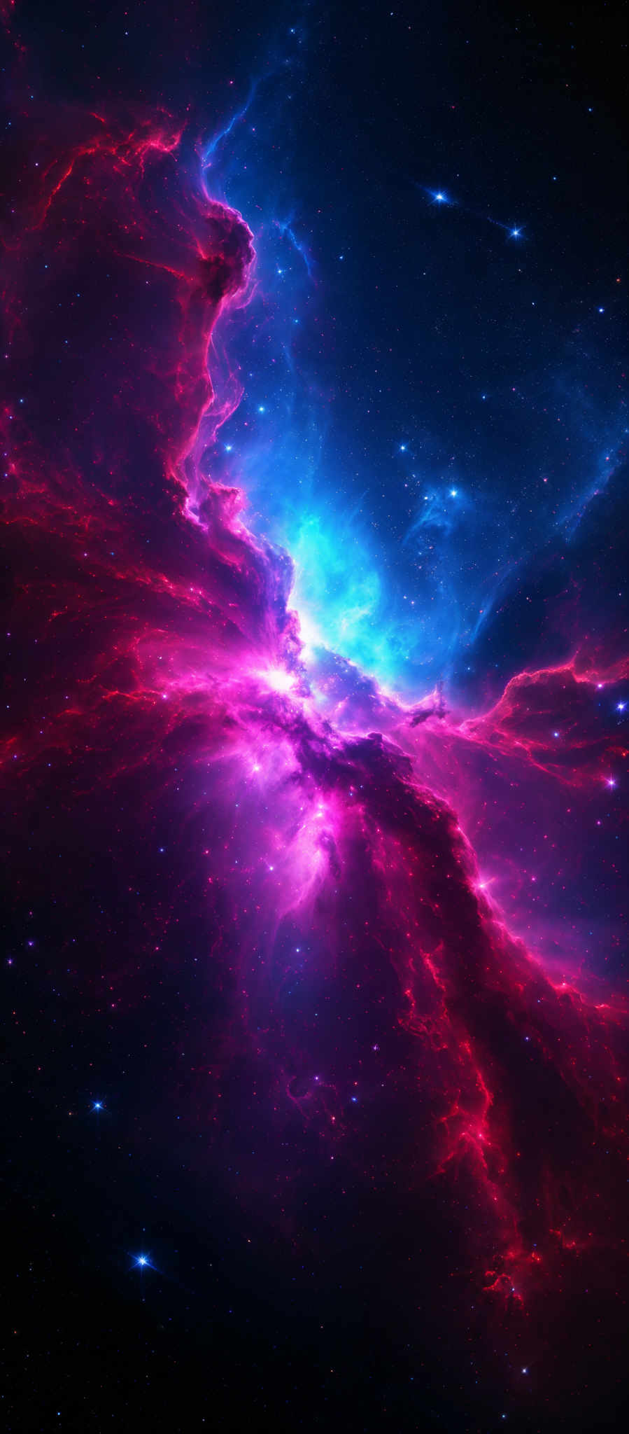 The image showcases a vibrant cosmic scene with a mix of deep blues, fiery reds, and radiant pinks. The central region is dominated by a brilliant blue glow, possibly representing a star or a nebula, surrounded by swirling red and pink clouds that give the impression of cosmic gas and dust. These clouds seem to be illuminated from within, creating a mesmerizing contrast with the darker space surrounding them. The image also contains numerous distant stars scattered throughout, adding depth and dimension to the scene.