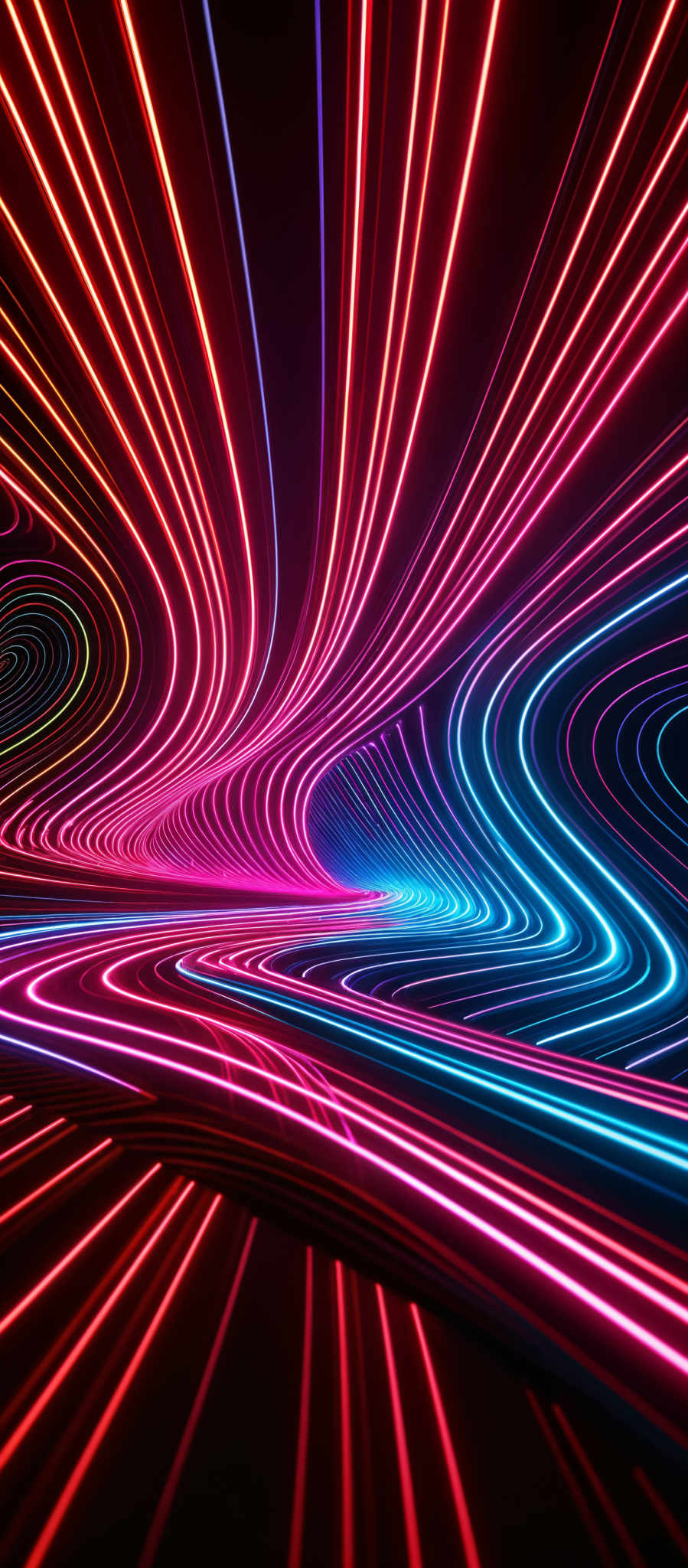 The image showcases a vibrant and dynamic visual of curved, neon-like lines in a swirling pattern. The colors range from deep reds and pinks to bright blues and purples. The lines are intricately intertwined, creating a sense of depth and movement. The overall effect gives an impression of a high-energy, futuristic environment, possibly reminiscent of a virtual reality or cyberpunk setting.