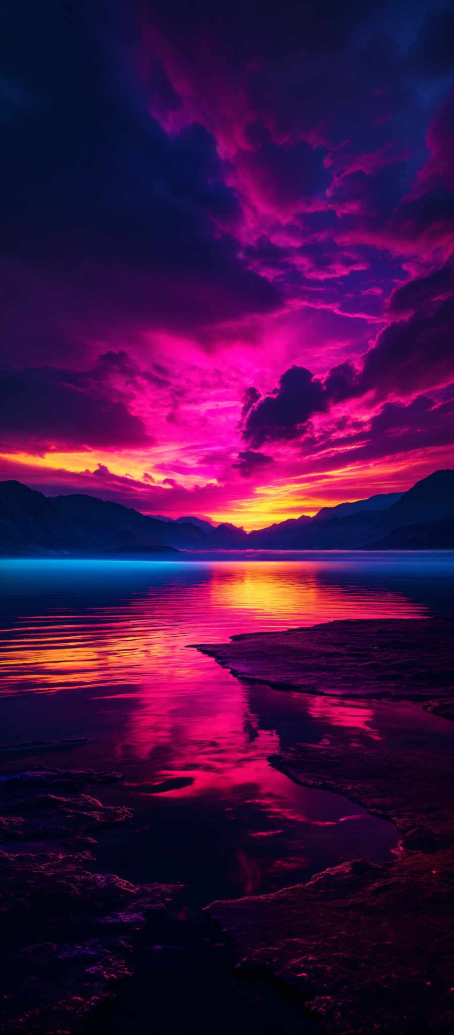 The image showcases a breathtaking sunset over a serene body of water. The sky is painted with a vibrant mix of purples, pinks, and oranges, with dark clouds adding contrast. The sun is near the horizon, casting a golden hue over the water. In the foreground, there are jagged rocks protruding from the water, reflecting the colors of the sky. The calm water mirrors the sky's beauty, creating a symmetrical view. In addition, there's a distant silhouette of mountains on the right side of the image, adding depth to the scene.