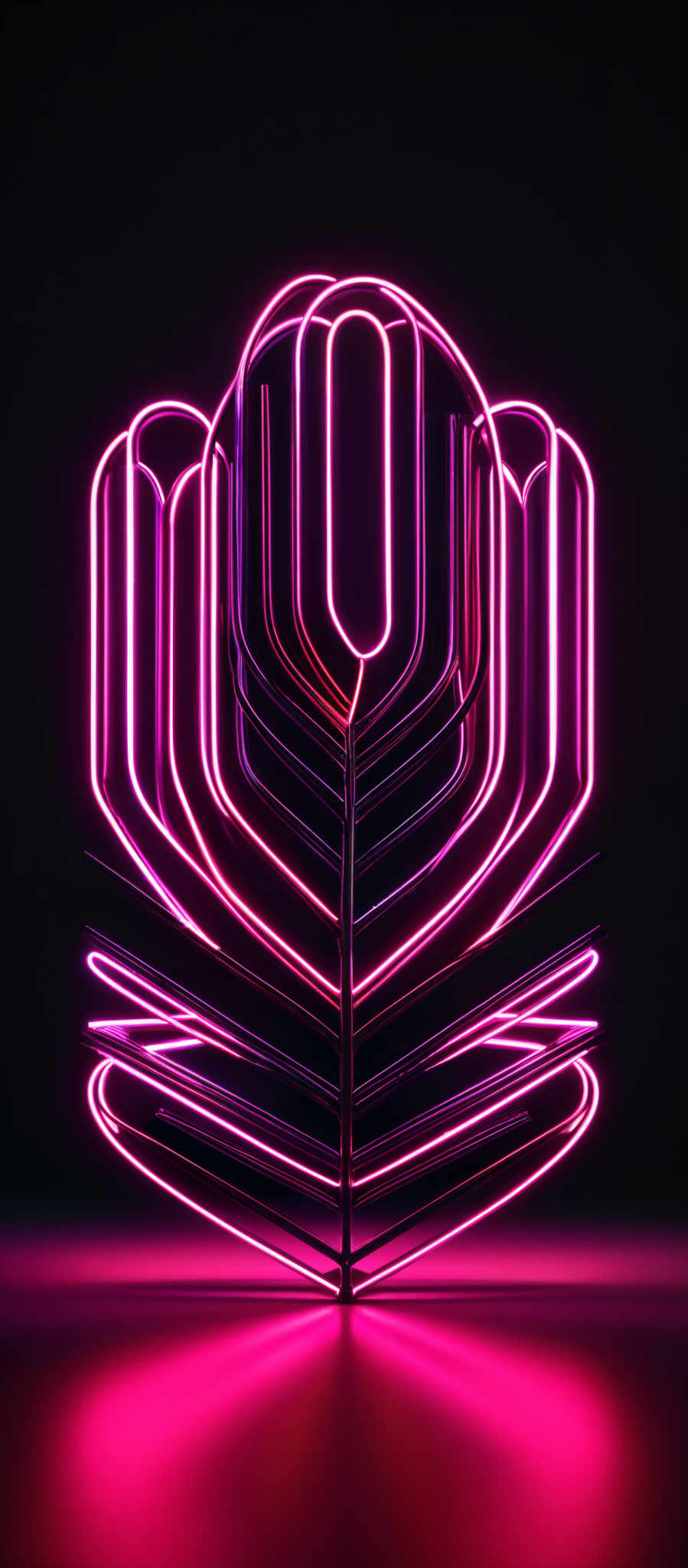 The image showcases a neon-like design with vibrant pink and purple hues. The design appears to be a symmetrical, abstract shape resembling a flower or a petal, with multiple layers and curves. The glowing lines create a sense of depth and dimension, and the dark background accentuates the brightness of the neon lights.