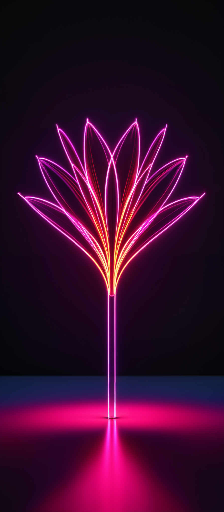 The image showcases a neon-like representation of a flower. The flower has multiple petals that radiate outward in a symmetrical manner. The petals are illuminated in vibrant shades of pink and orange, giving them a glowing appearance. The stem of the flower is slender and is also illuminating in a similar pink hue. The background is dark, which accentuates the brightness and vibrancy of the neon colors.