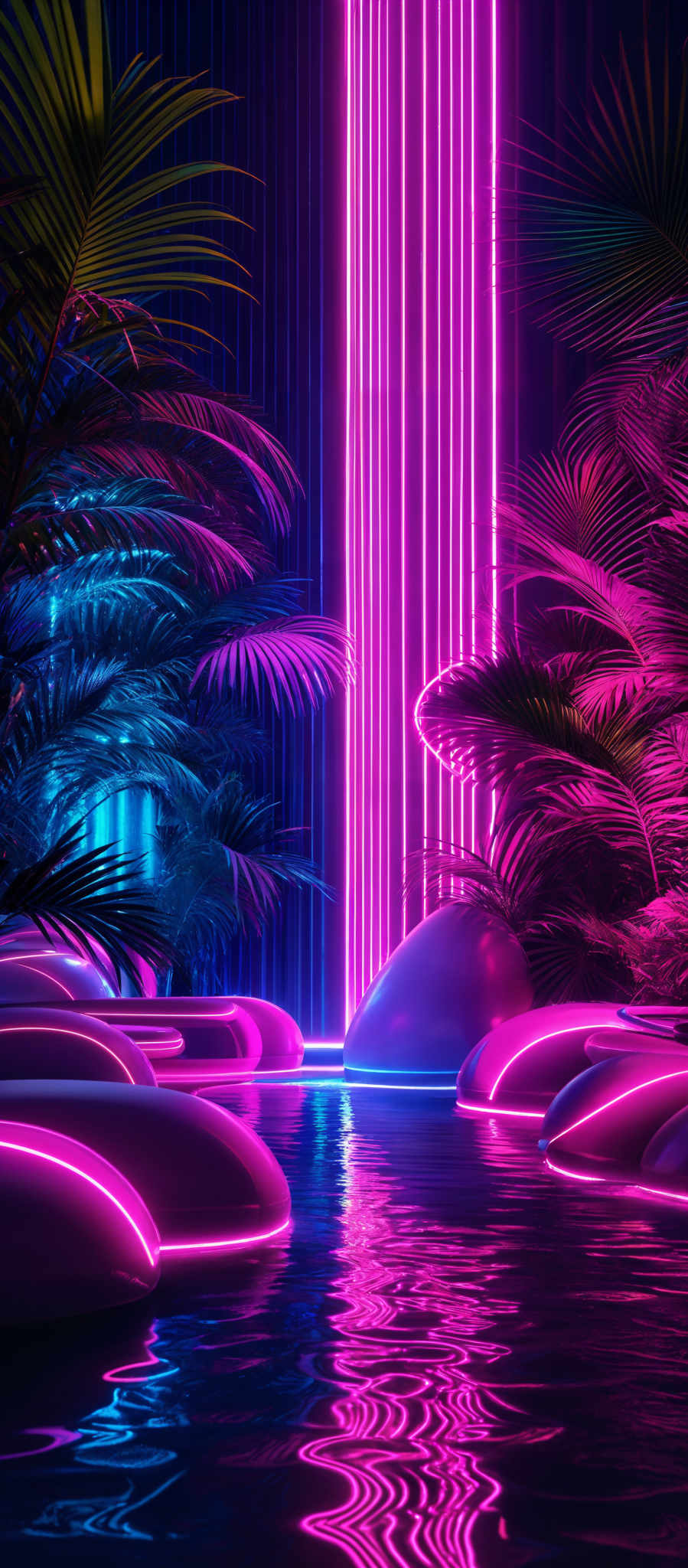 The image showcases a vibrant and futuristic scene. Dominating the background is a vertical column of bright neon lights in pink, set against a dark backdrop. The scene is further enhanced by the presence of tropical plants, with their leaves displaying a mix of green and blue hues. The foreground features a serene body of water reflecting the neon light and the surrounding environment. The water's surface is dotted with smooth, rounded objects that glow in a soft pink hue, creating a harmonious balance between nature and technology.