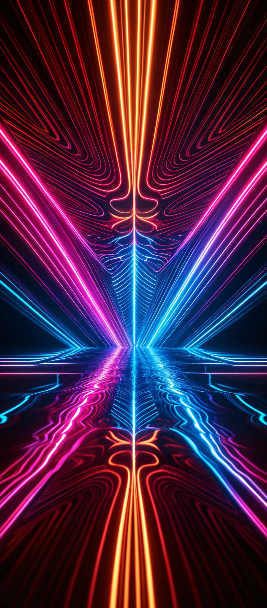 The image showcases vibrant neon colors, predominantly pink, blue, and orange. The shape is symmetrical, with converging lines that appear to be emanating from a central point, creating a tunnel-like perspective. The lines are intricately woven, forming patterns that resemble waves or ripples, which are reflected on the floor, adding depth and dimension to the scene.