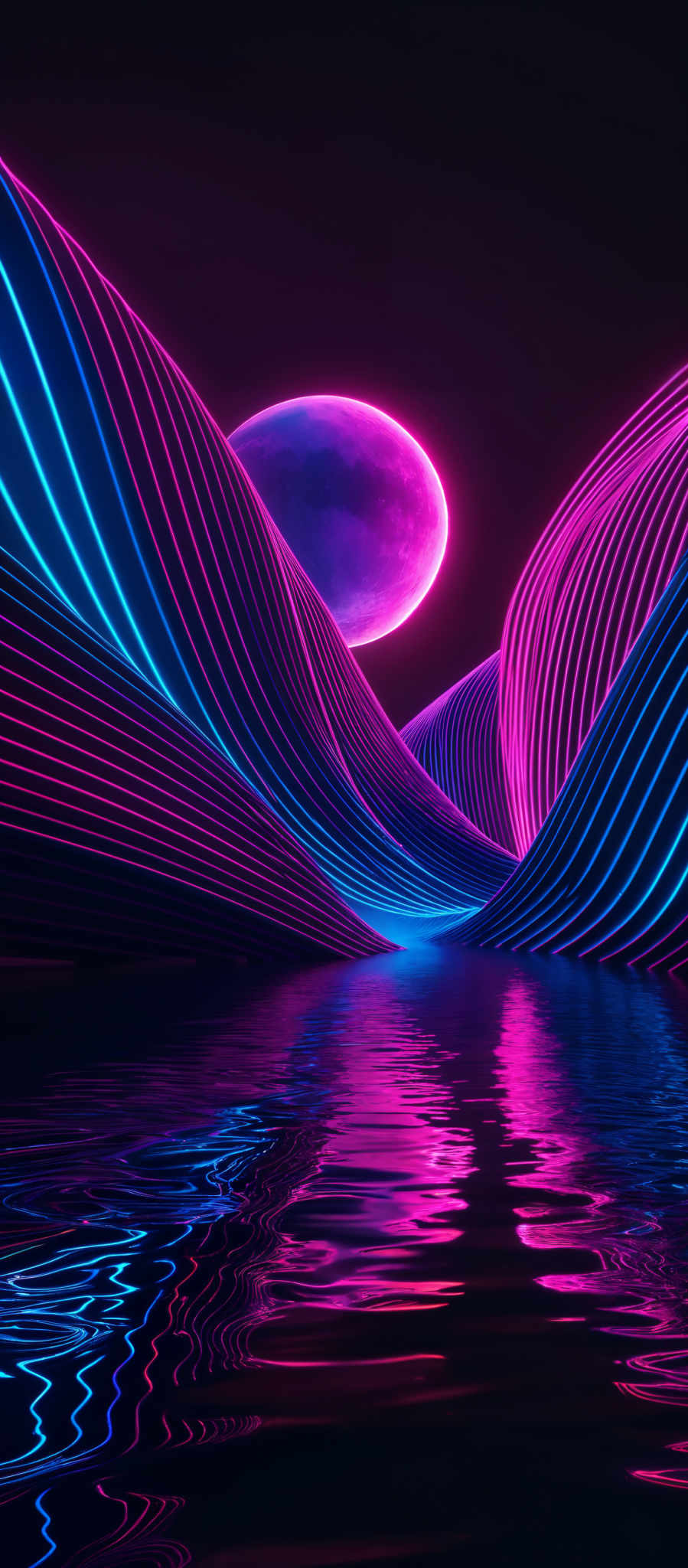 The image showcases a vibrant and neon-lit landscape. Dominating the scene are wavy, undulating structures that appear to be made of a glowing, translucent material. These structures are illuminated in hues of pink, blue, and purple, creating a mesmerizing contrast against the dark backdrop. Above these structures, there's a large, glow-in-the-dark planet or moon, which is also bathed in the same neon colors. The entire scene is reflected in a serene body of water below, adding depth and symmetry to the composition.