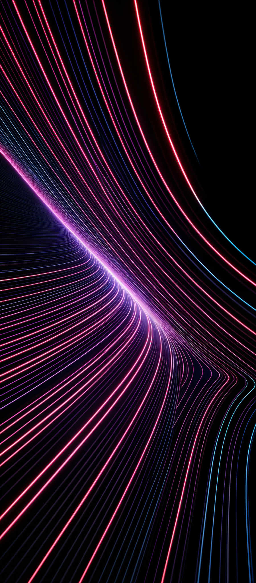 The image showcases a vibrant and dynamic visual of curved lines in a swirling pattern. The lines are colored in a gradient of pink, blue, and purple, creating an illusion of depth and movement. The shape is reminiscent of a vortex or a whirlpool, drawing the viewer's eye into the center. The overall effect is both mesmerizing and hypnotic, evoking feelings of motion and energy.