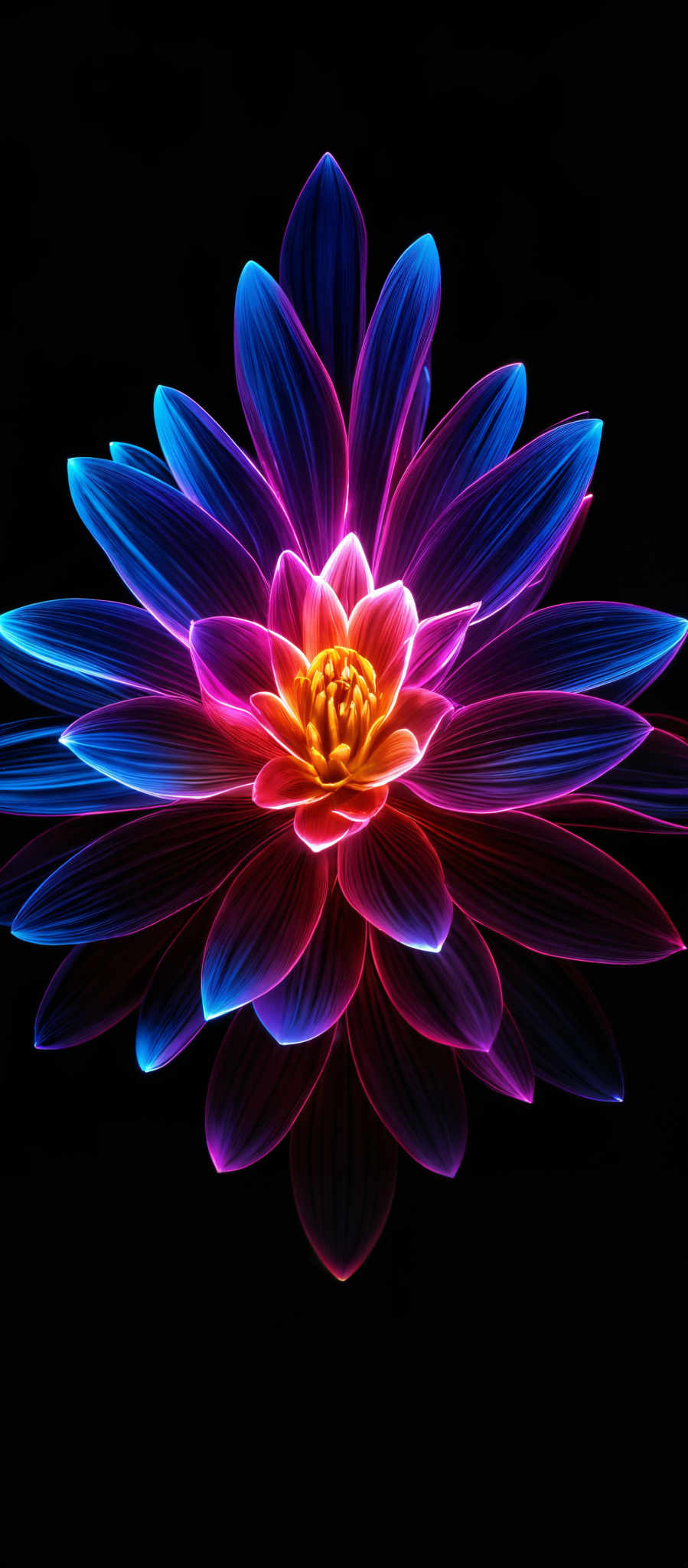 The image showcases a vibrant and colorful flower with petals that glow in shades of blue, purple, and pink. The flower's center is a bright yellow, and it appears to be surrounded by a radiant aura. The petals are layered and spread out, giving the flower a symmetrical and majestic appearance. The background is dark, which accentuates the luminosity of the flower and makes it the focal point of the image, creating a stark contrast.