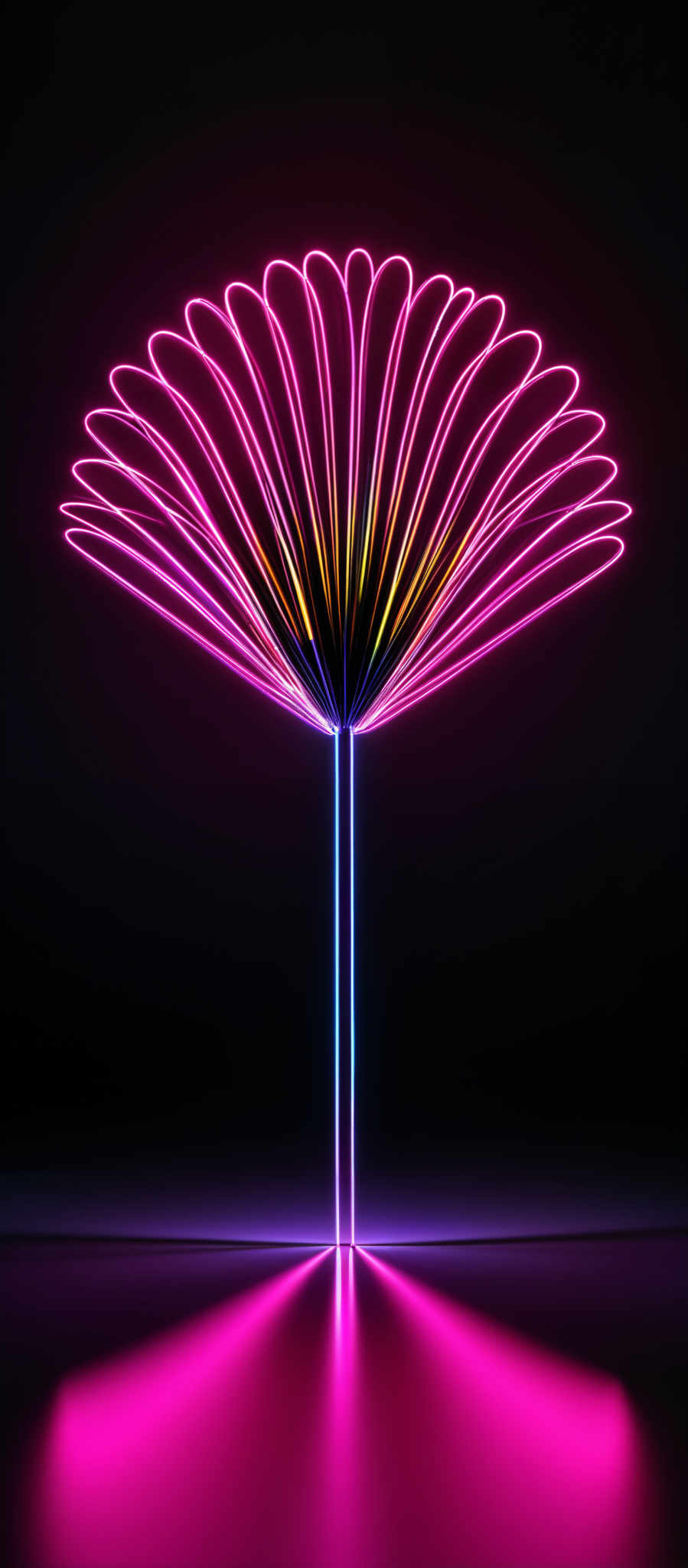 The image showcases a vibrant and dynamic visual of what appears to be a flower or a petal-like structure. It is illuminated with neon colors, predominantly pink and yellow, creating a striking contrast against a dark background. The petal structure is symmetrical and radiates outward, resembling the petals of a flower. The neon lines are vivid and give a sense of depth and dimension to the image, making it appear as though the petal is in motion or emitting light.