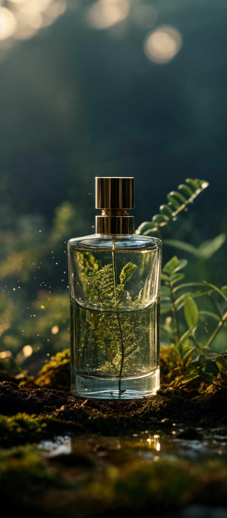 The image showcases a transparent glass bottle with a gold-colored cap. Inside the bottle, there's a fern-like plant submerged in a clear liquid. The bottle is placed on a surface surrounded by greenery, with sunlight filtering through, creating a serene ambiance. The background is blurred, emphasizing the bottles and the immediate surroundings, and there are small droplets or particles suspended in the air, possibly representing mist or spray.