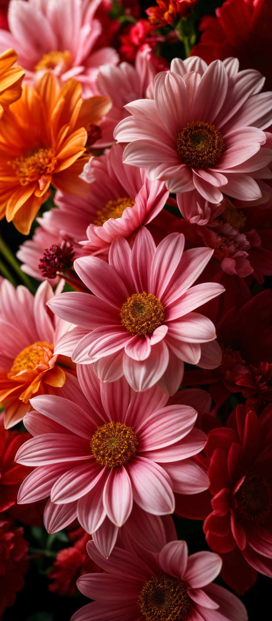 The image showcases a vibrant collection of flowers. The predominant colors are shades of pink, orange, and red. The flowers have a petal structure that is layered, with a smooth and delicate texture. The center of each flower is a circular arrangement of yellow and orange, which contrasts beautifully with the surrounding petals. The overall composition gives a sense of depth and richness, making the flowers appear lively and in full bloom.