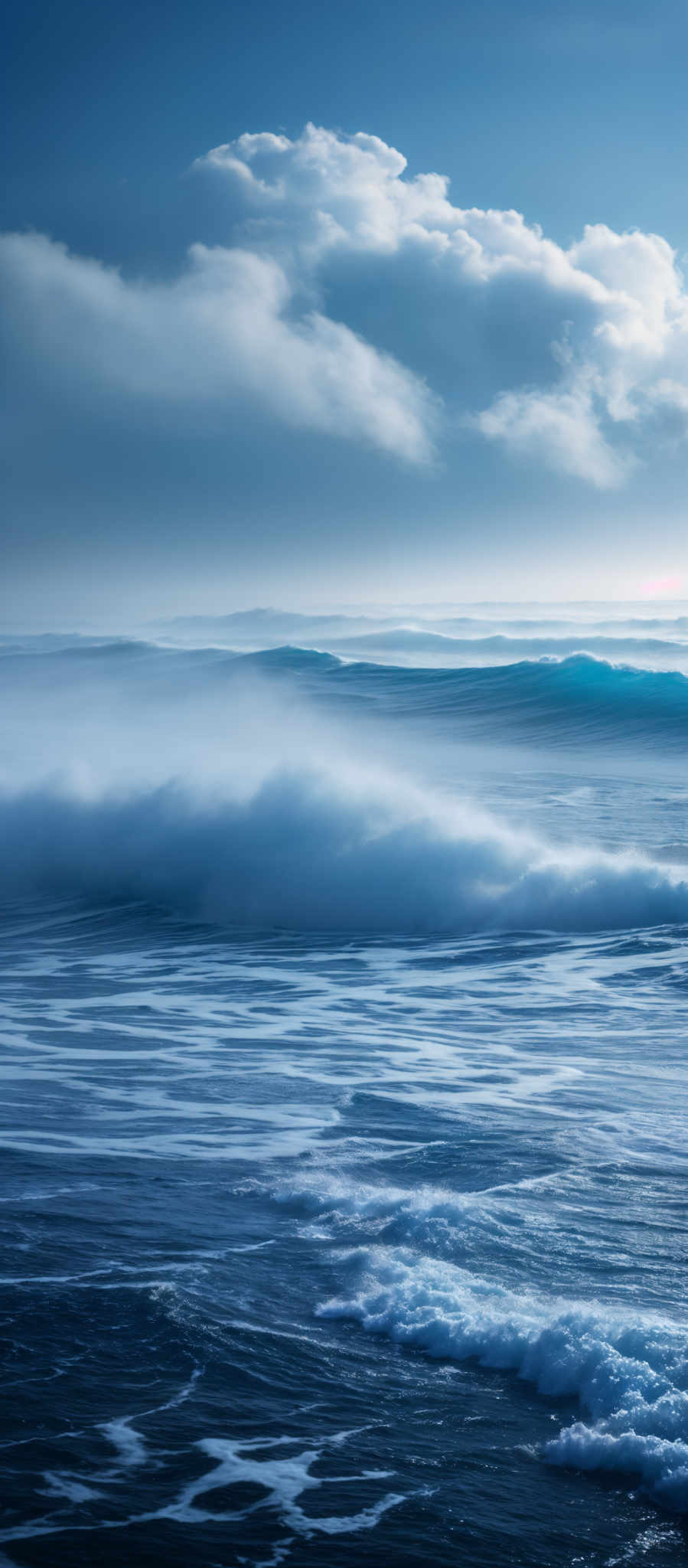 The image showcases a vast expanse of the ocean with waves crashing and foaming. The dominant colors are various shades of blue, ranging from deep navy to lighter turquoise. The waves are depicted in white, with the foam appearing as frothy bubbles. Above the ocean, there's a sky filled with fluffy white clouds, contrasting with the deeper blue of the upper atmosphere. The horizon is slightly visible, where the sky meets the sea, and there're hints of a sunset or sunrise, casting a soft glow.