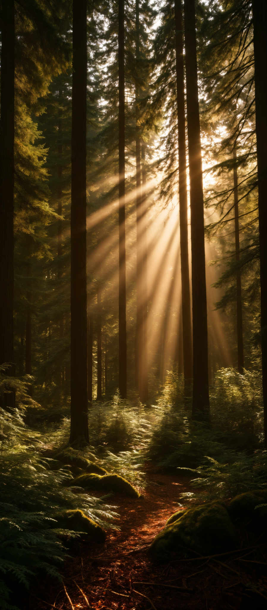 The image showcases a serene forest scene with tall, slender trees, possibly conifers, standing tall against the backdrop of a soft, golden sunlight filtering through the canopy. The sunlight creates beautiful beams of light that pierce through the trees, illuminating the forest floor with a warm, golden hue. The forest floor is covered with a carpet of green ferns and moss, interspersed with patches of red-brown soil and fallen branches. The overall color palette is dominated by shades of green, brown, and gold, creating a tranquil and peaceful ambiance.