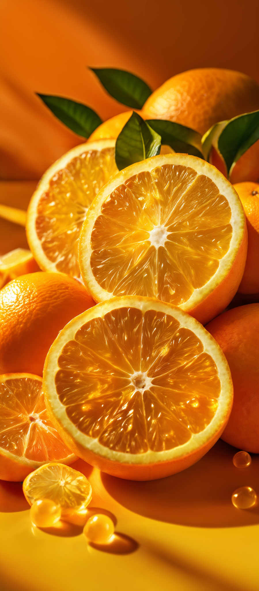 The image showcases a vibrant display of citrus fruits, predominantly oranges and grapefruits. The fruits are cut open, revealing their juicy interiors and intricate patterns of the pulp and seeds. The background is a warm, golden hue, which accentuates the bright yellow and orange of the fruits. There are also some leaves interspersed among the fleshes, adding a touch of natural green. The lighting casts sharp shadows, emphasizing the textures and details of the fruit slices.