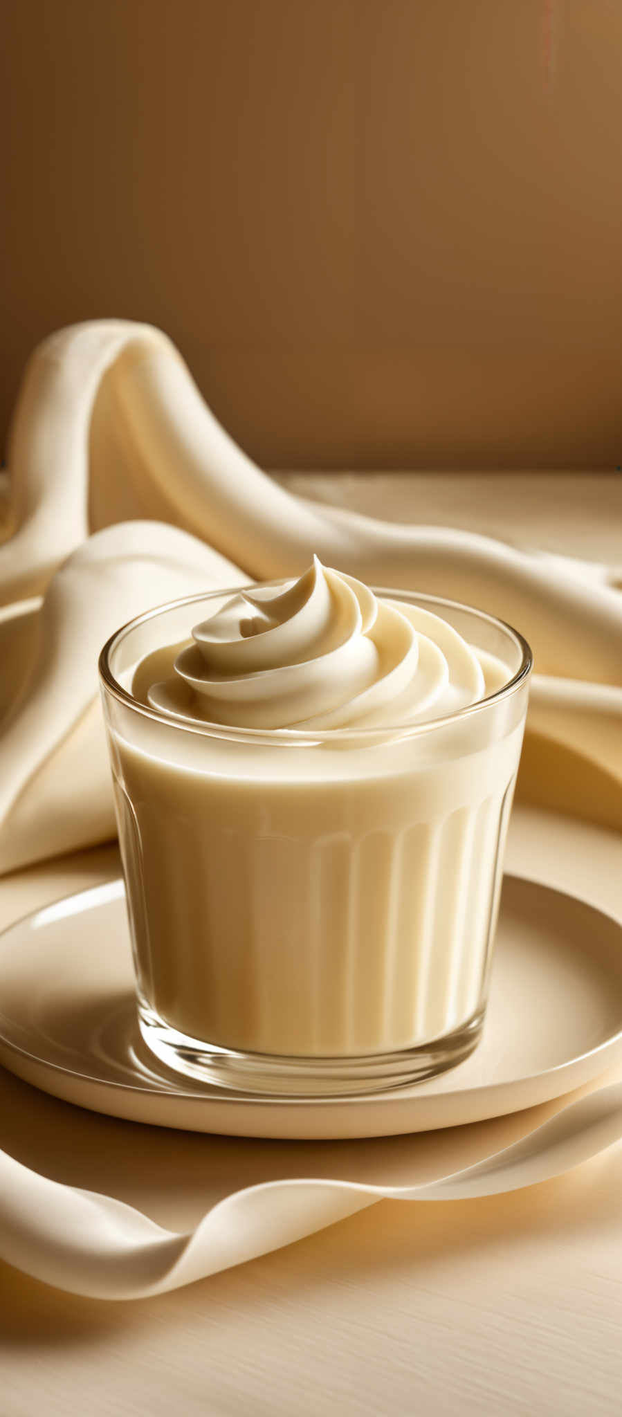 The image showcases a clear glass container filled with a creamy, off-white substance, which appears to be some form of dessert or cream. The container is placed on a beige plate. The background is a muted brown, and there are soft, flowing white fabric elements that add to the aesthetic appeal of the image, giving it a serene and elegant ambiance.