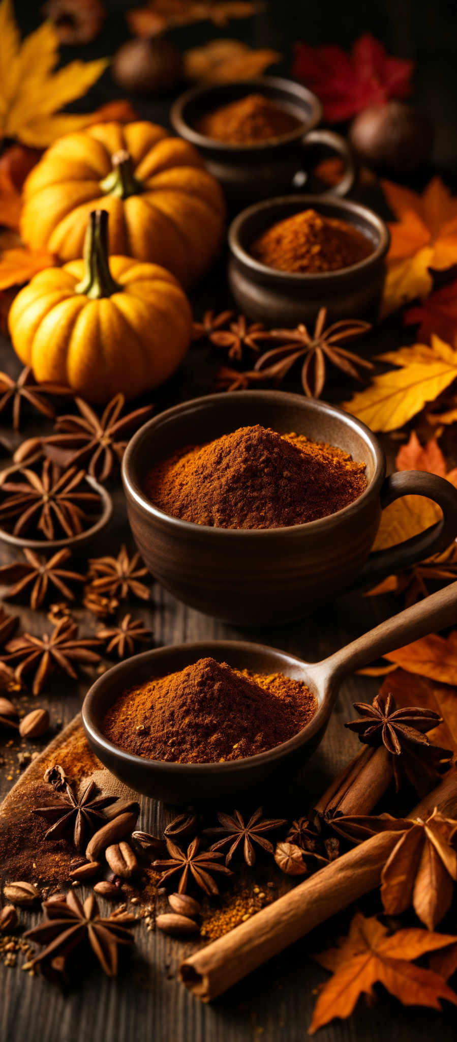 The image showcases a rustic wooden table with various autumnal elements. There are small pumpkins, some of which are whole while others are cut open to reveal their seeds. Scattered around are star anise, cinnamon sticks, and dried leaves in hues of orange, yellow, and red. In the foreground, there are bowls filled with a brown powdery substance, possibly a spice. The overall ambiance is warm and inviting, reminiscent of the fall season.