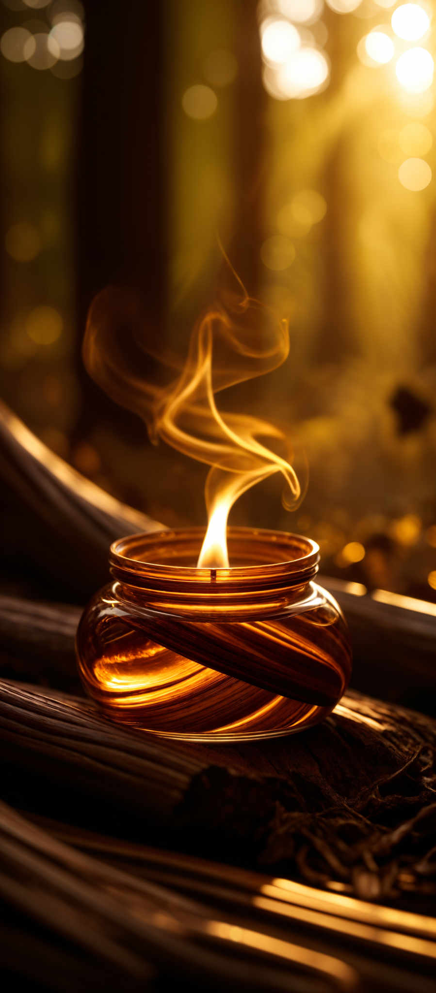 The image showcases a glass container, possibly a candle holder, with a lit candle inside. The candle emits a warm, golden glow, creating intricate swirls of smoke that dance above it. The container is round with a slightly elongated base. It rests on what appears to be a wooden surface, surrounded by other wooden elements. The background is blurred, but it seems to depict a serene forest setting with sunlight filtering through the trees, casting a warm and golden hue over the entire scene.