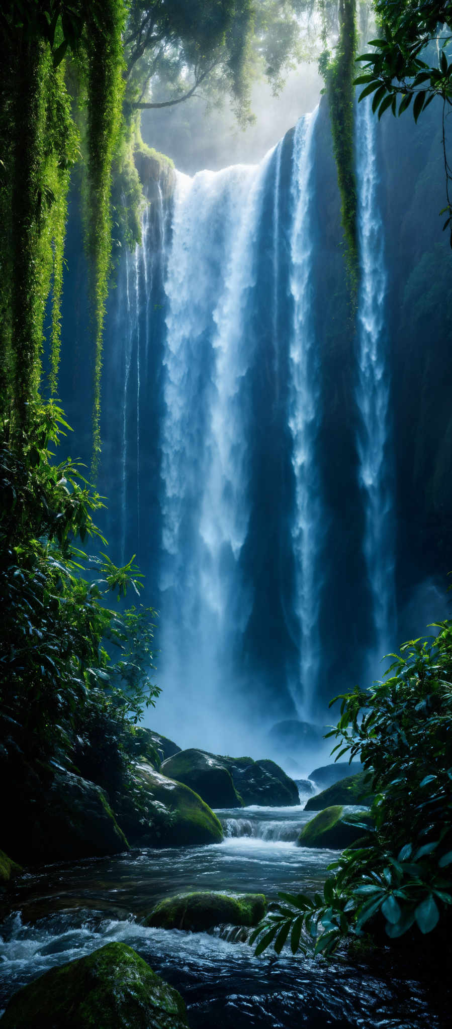 The image showcases a breathtaking view of a waterfall cascading down a cliff surrounded by lush greenery. The waterfall is a powerful force, with water gushing down in a misty white veil. The surrounding area is dense with trees, moss-covered rocks, and various types of green foliage. The colors are predominantly shades of green from the vegetation, and the waterfall itself is a vibrant white. The overall scene exudes a sense of tranquility and the untouched beauty of nature.