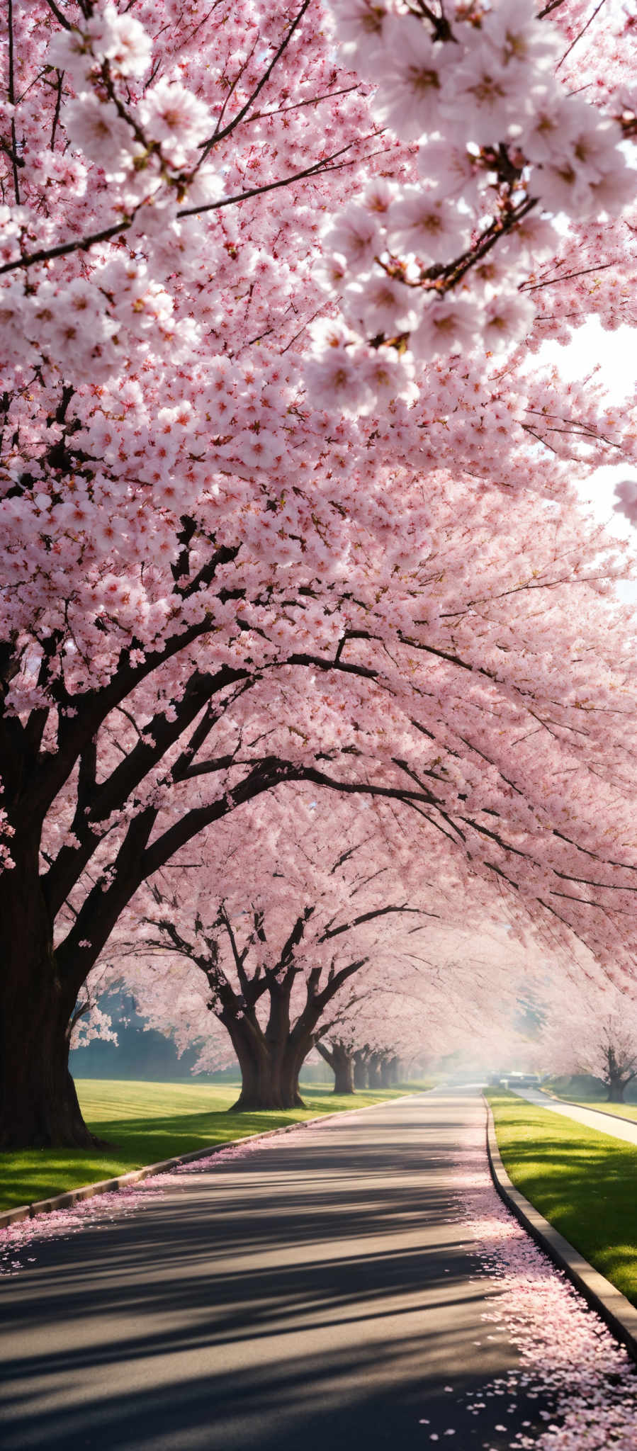 The image showcases a picturesque scene of a pathway lined with tall, mature cherry blossom trees. The trees are in full bloom, with their branches heavy with pink blossoms. The petals are falling gently onto the pathway, creating a soft pink carpet. The pathway itself is a smooth asphalt road, bordered by a curb on one side. The sunlight filters through the blossoming trees, casting a soft glow on the scene. The background is slightly blurred, emphasizing the depth and perspective of the path.