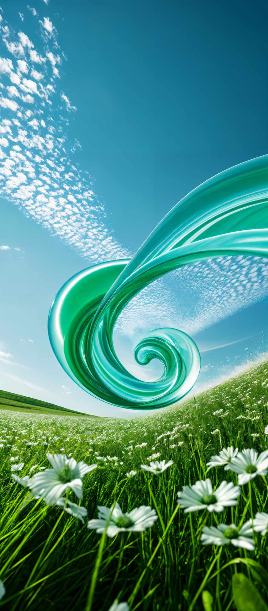 The image showcases a vibrant and dynamic scene. The sky is a clear blue with scattered white clouds. Dominating the sky is an intricate, swirling, and twisting formation of vivid green and turquoise colors, resembling a fluid or energy wave. Below this sky, there's a vast expanse of lush green grass dotted with white daisy-like flowers. The grass stretches out to the horizon, and the overall ambiance of the image is serene and ethereal.