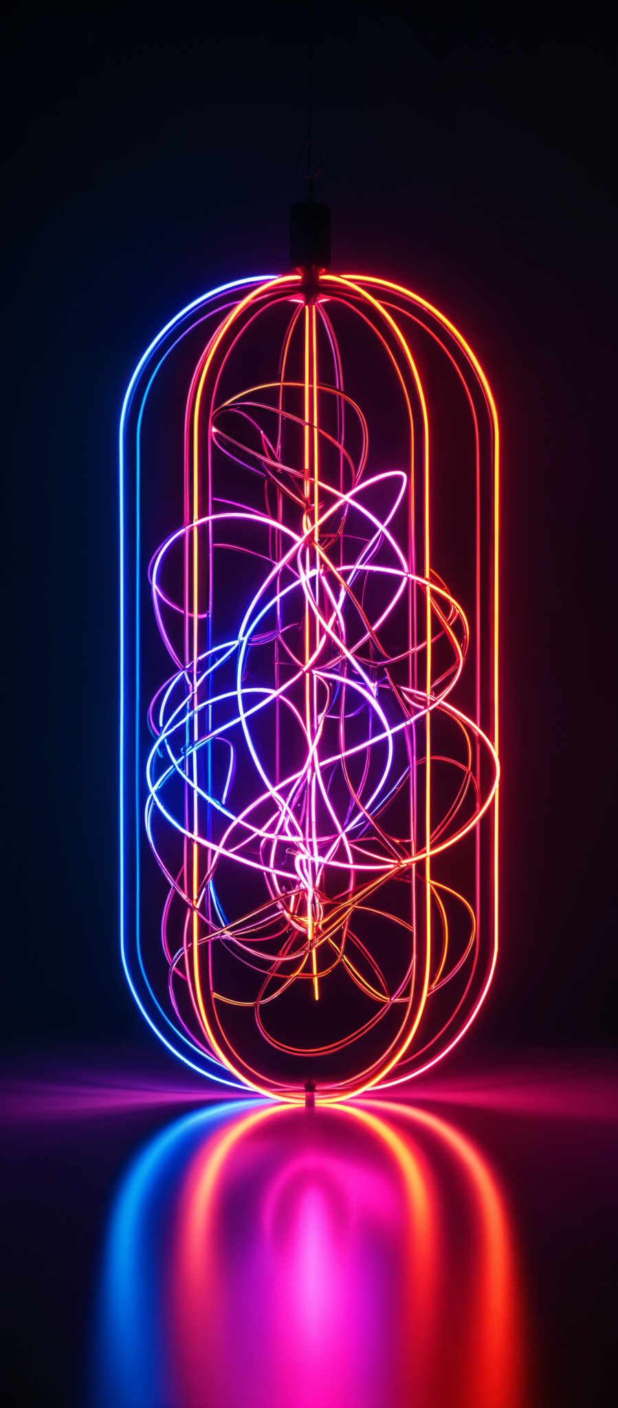 The image showcases a neon light display with vibrant colors. The primary colors are blue, pink, and orange. The shape is reminiscent of a helium balloon with intertwined neon strands. The neon lights form intricate swirls and patterns, creating a visually captivating effect against a dark background.