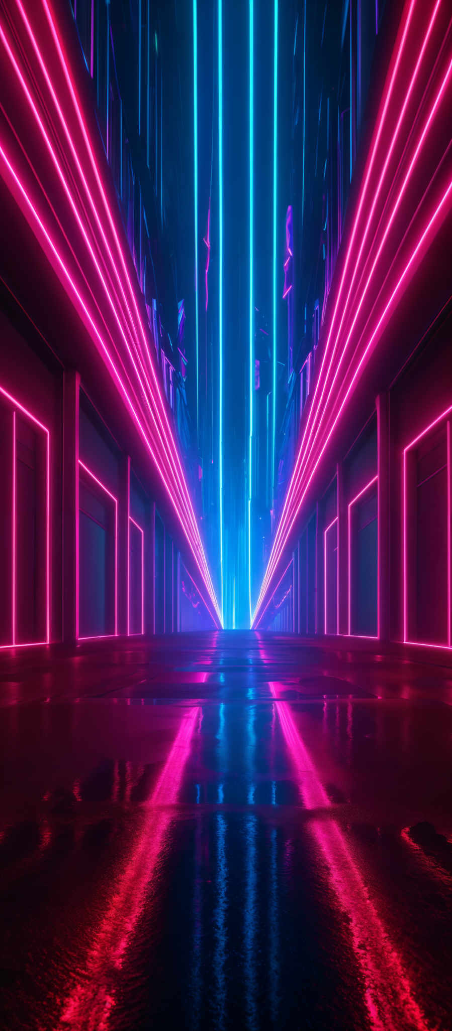 The image showcases a futuristic or cyberpunk-themed corridor. The dominant colors are vibrant shades of pink, purple, and blue. The corridors are lined with vertical neon lights that glow in these colors. The lights create sharp, geometric shapes, especially vertical lines that converge towards a central point in the distance. The floor appears wet, reflecting the neon glow, and there are some abstract, geometric patterns on the walls.