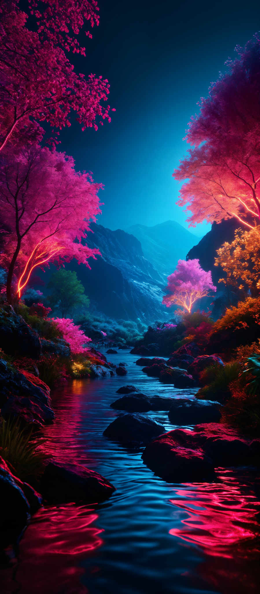 The image showcases a vibrant and surreal landscape. The dominant colors are shades of pink, blue, and green. The trees, with their pink blossoms, are illuminated with a soft glow, giving them an ethereal appearance. The mountains in the background are shrouded in mist, adding to the dreamy ambiance. The river in the foreground has a calm flow, with its waters reflecting the colors of the trees and the sky. The overall scene is a blend of natural beauty and fantasy.