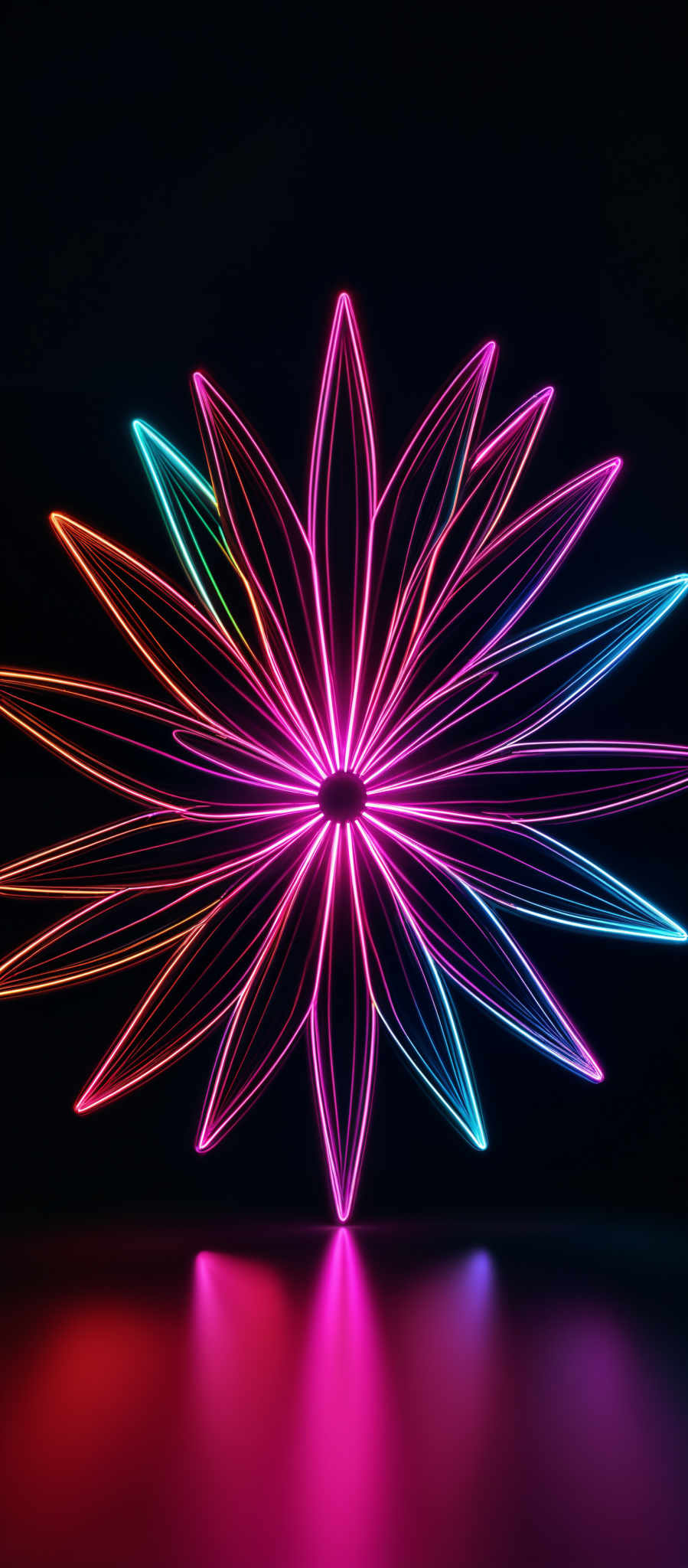 The image showcases a vibrant and dynamic abstract design. It features a symmetrical shape resembling a flower or starburst, with neon-like lines radiating outwards. The colors are a mix of pink, blue, orange, and green, creating a vivid contrast against a dark background. The design appears to be made of multiple overlapping lines, each with a distinct color, giving it a multi-dimensional appearance.