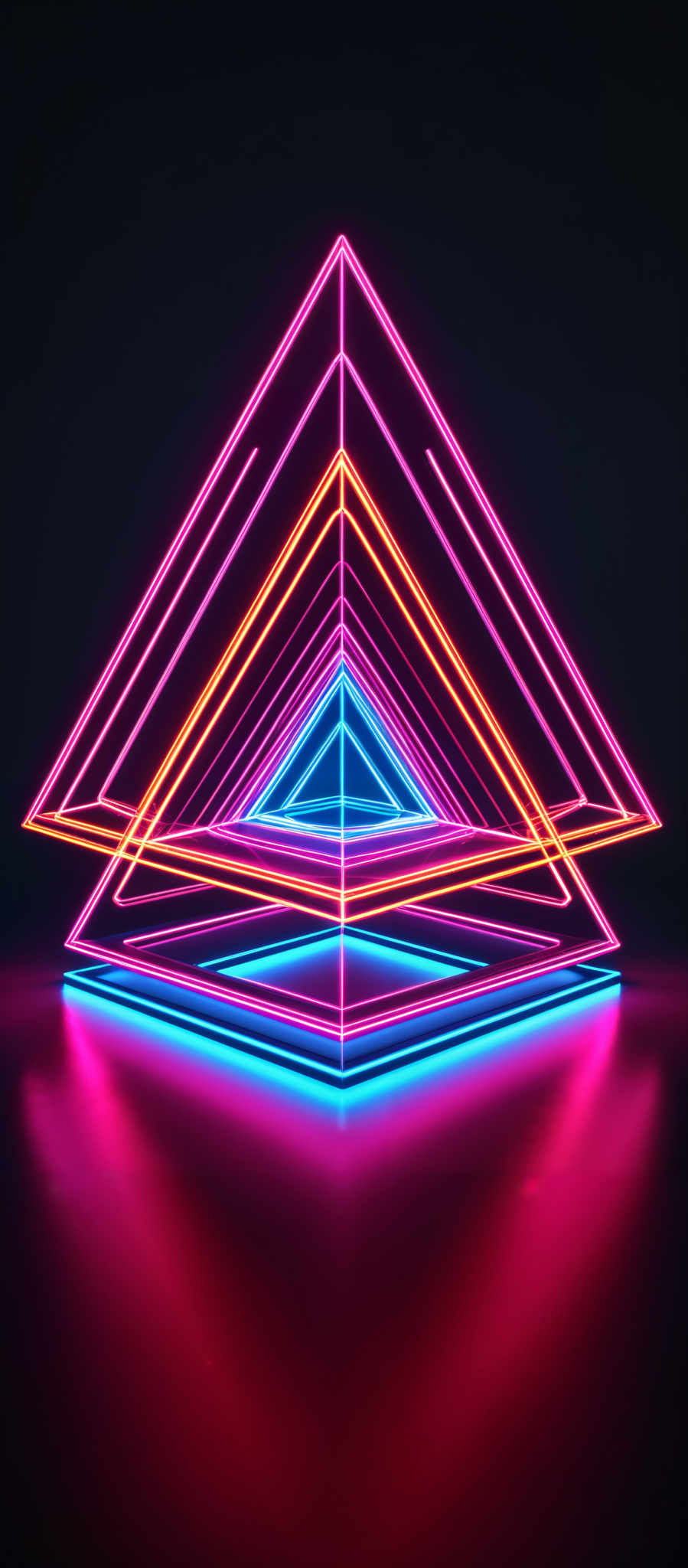 The image showcases a vibrant and neon-lit 3D geometric design. It features a series of concentric triangular shapes, each progressively smaller, creating an optical illusion of depth. The colors used are a vivid pink, neon blue, and a hint of orange. The design is set against a dark background, which accentuates the brightness and vibrancy of the neon lights.