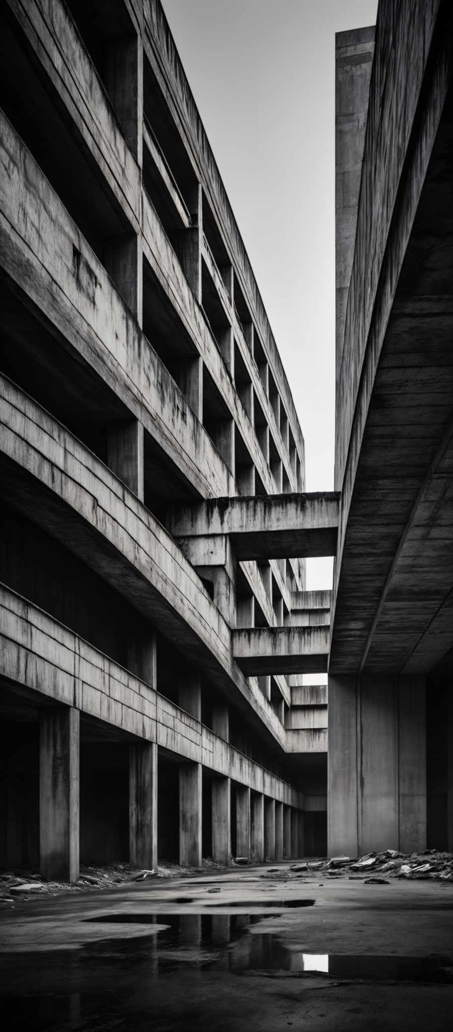 The image is in black and white, showcasing a large, multi-storied concrete structure. The structure has a brutalist architectural style, characterized by its raw concrete texture and geometric shapes. The building features multiple levels with balconies, and there are large pillars supporting it. The ground appears wet, reflecting the building's silhouette, and scattered debris can be seen. The overall mood of the image is somber and evokes a sense of abandonment or decay.